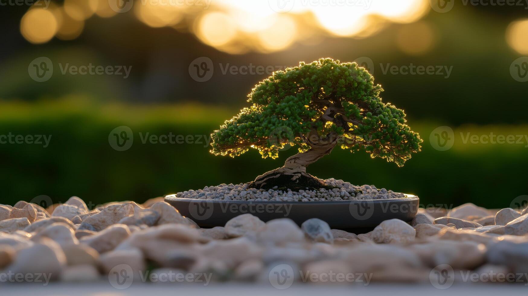 Bonsai tree in a pot on a stone table photo