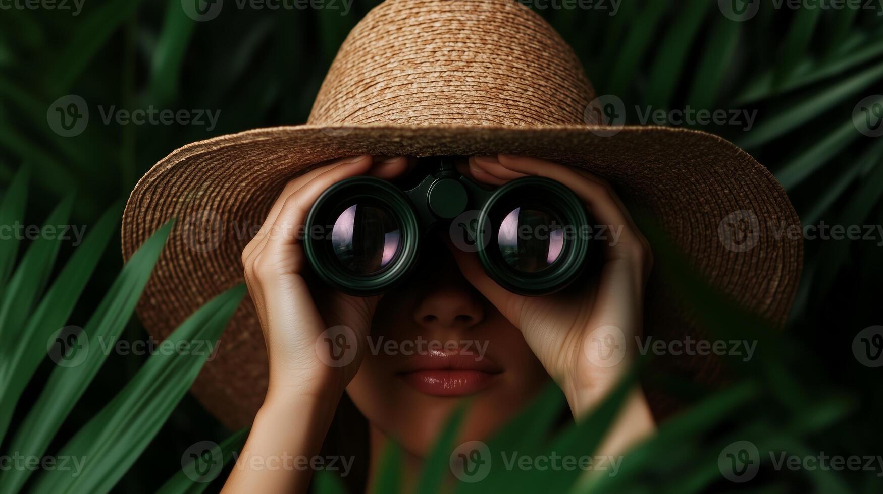 Woman in a hat looking through binoculars hidden in lush foliage photo