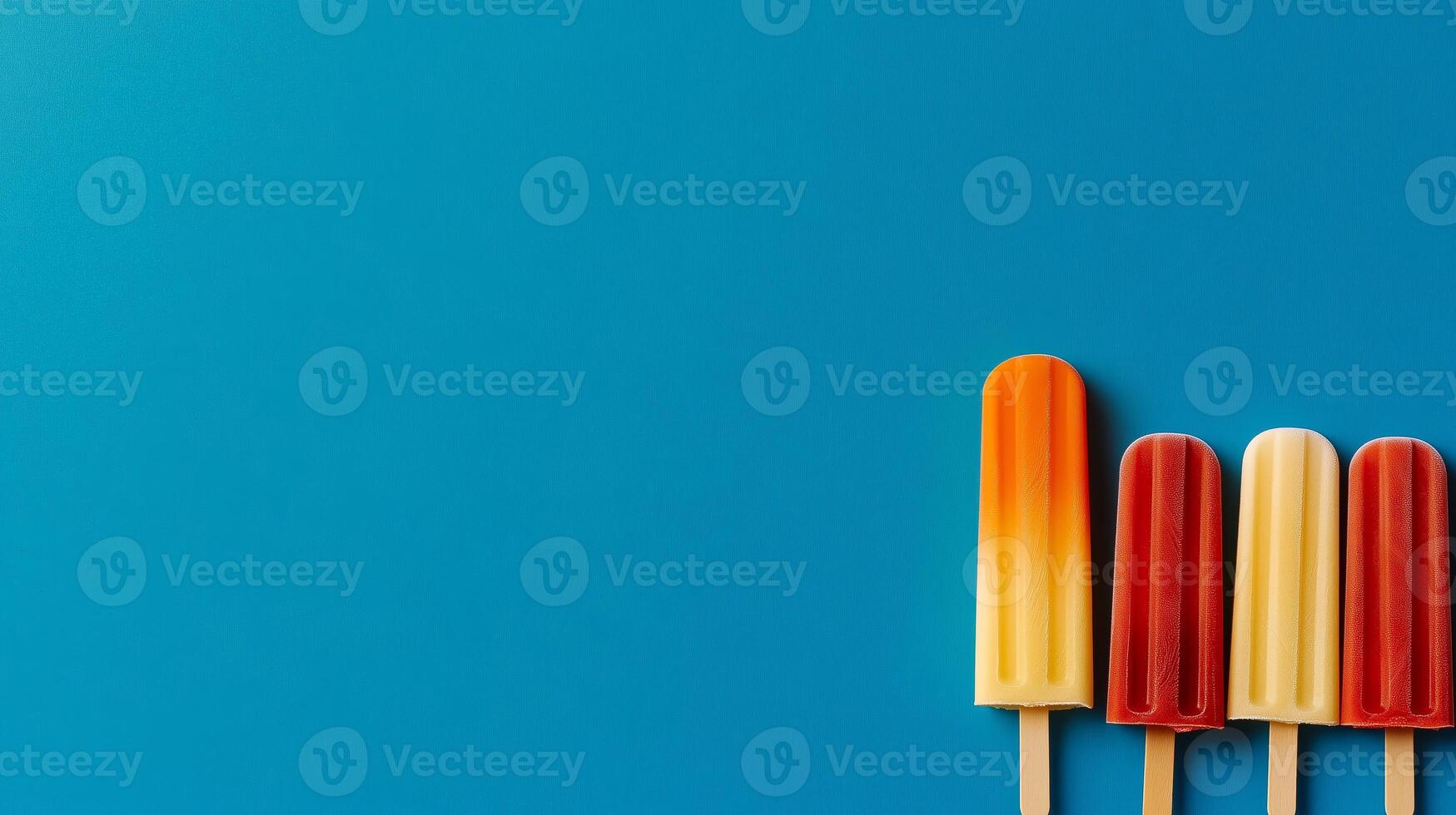 A line of popsicles stacked atop a blue background photo