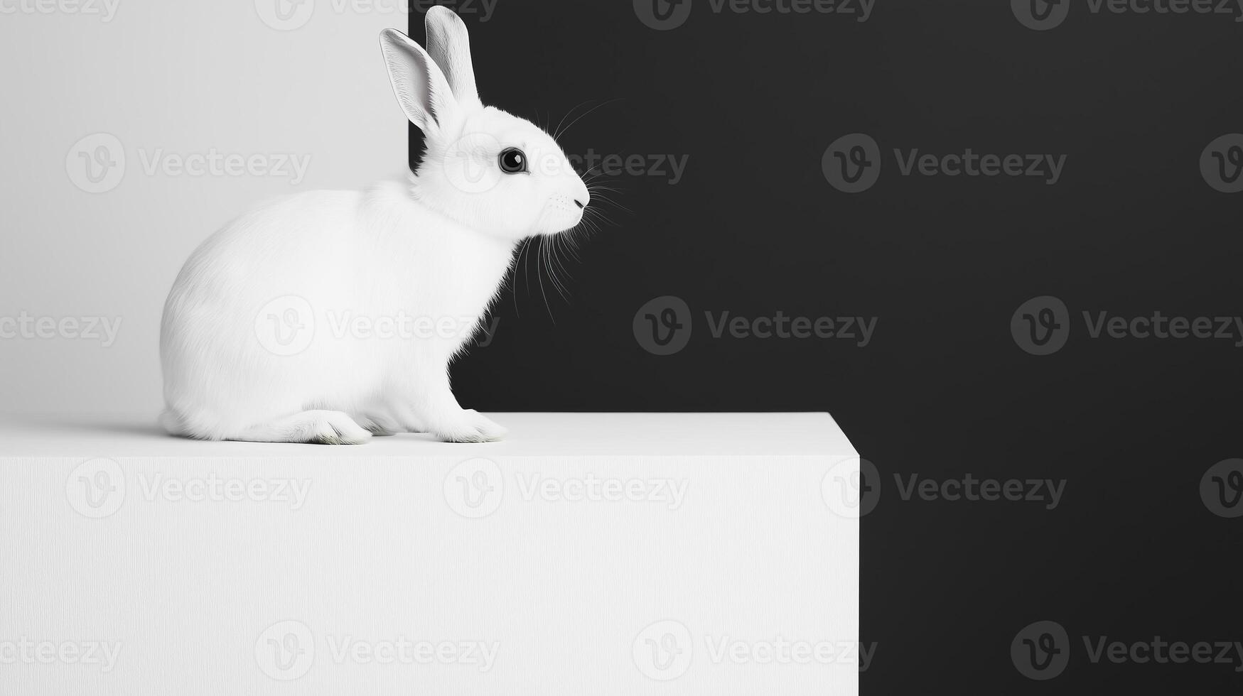 White rabbit sitting on a white box in front of a black and white background photo
