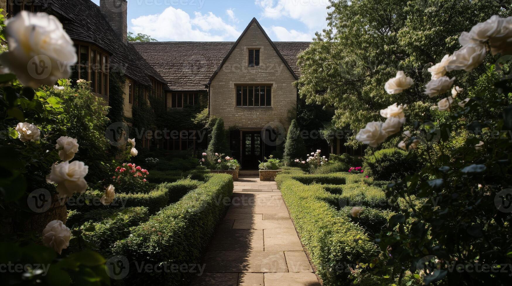 A traditional English manor with blooming roses photo