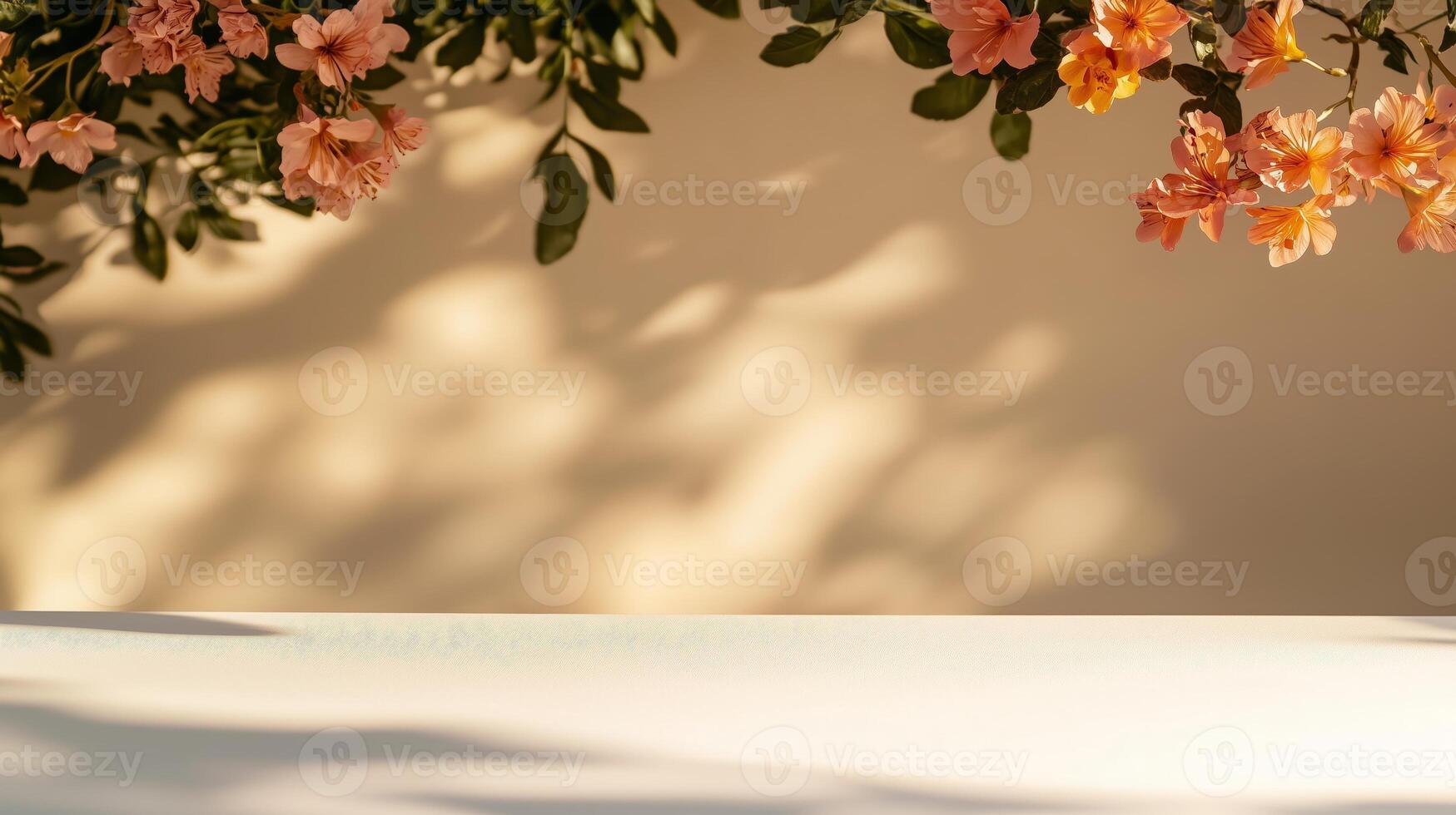 Blurred summer flower shadow backdrop on white table for product presentation photo