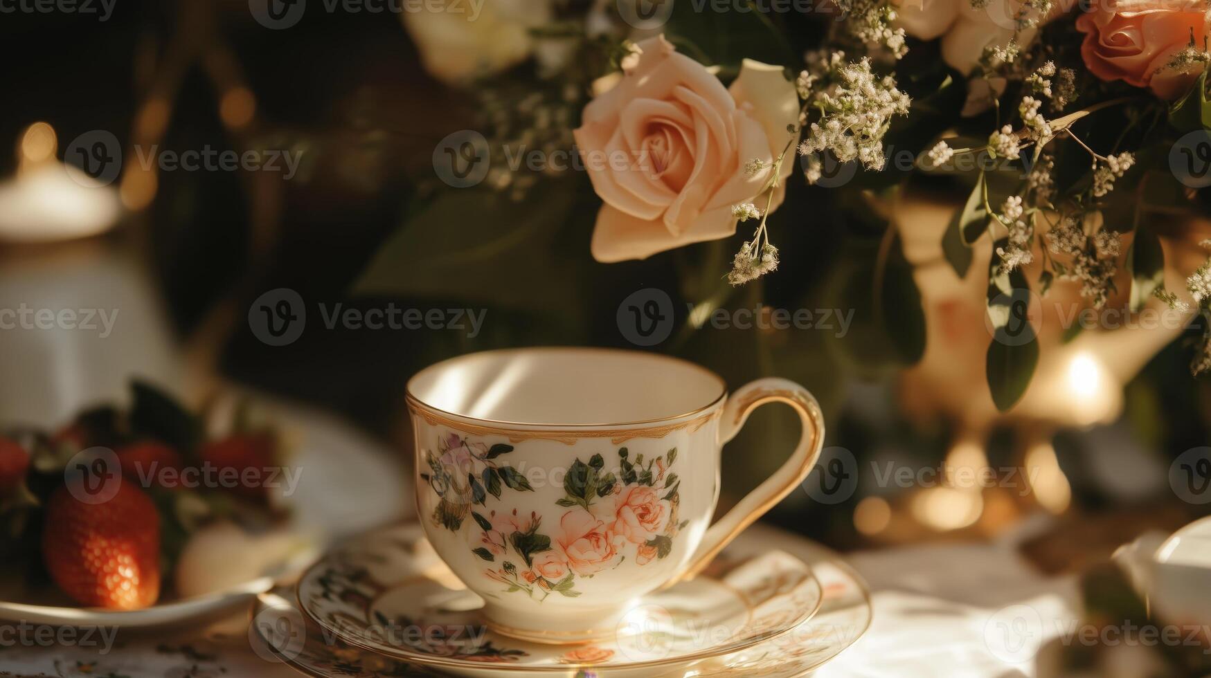 A tea cup and saucer on a table with roses photo