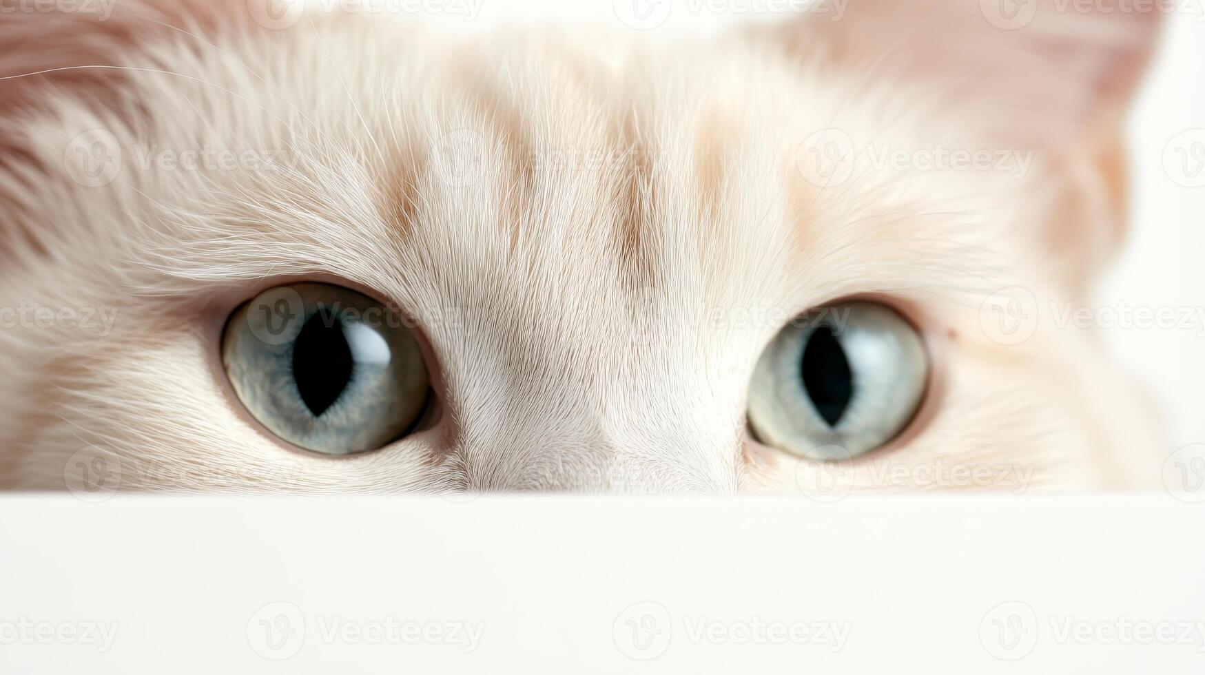 A white cat peeking out from behind a white wall photo