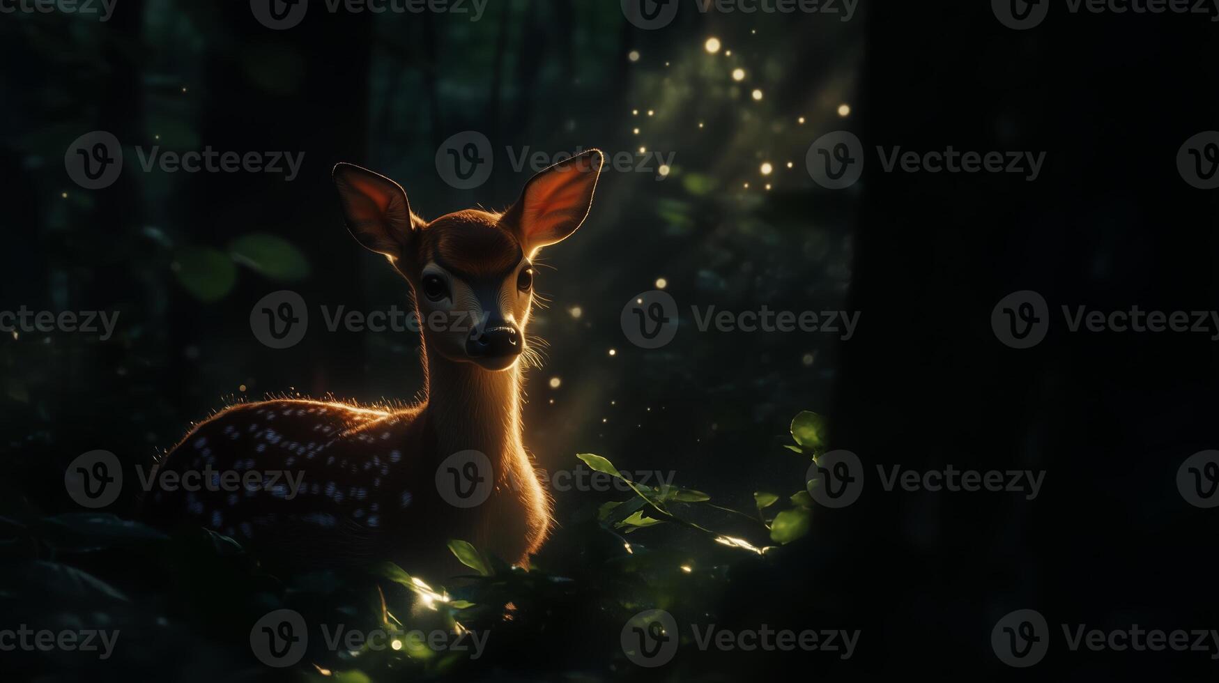A deer is standing in the woods with sunlight shining on it photo