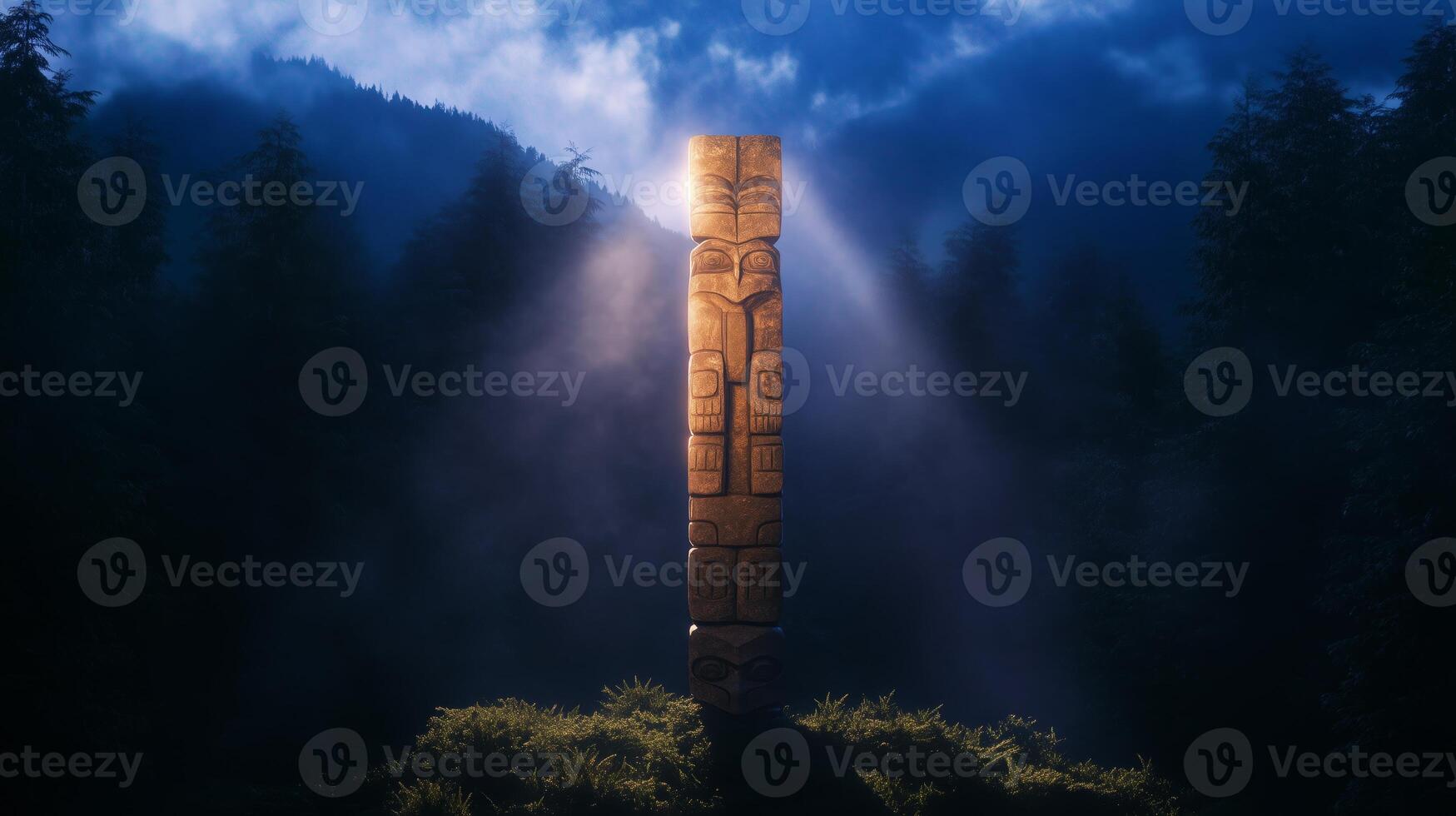 A totem pole in the middle of a forest photo