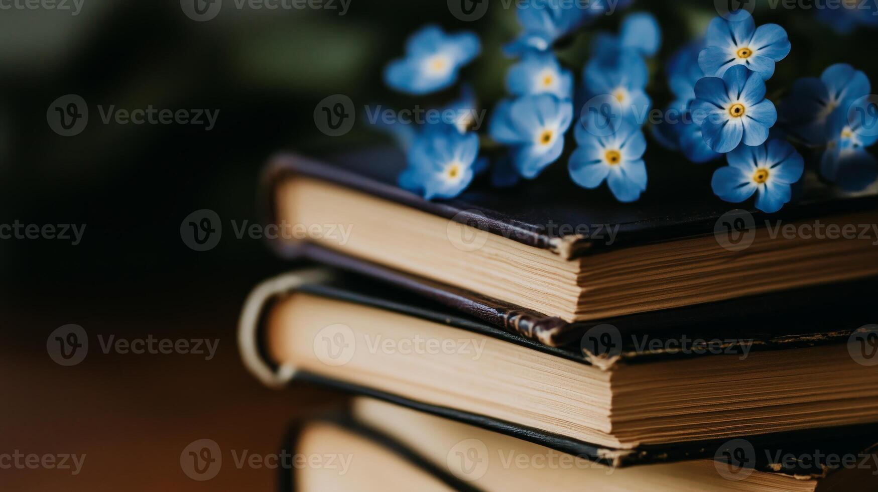 A stack of old books with blue flowers photo