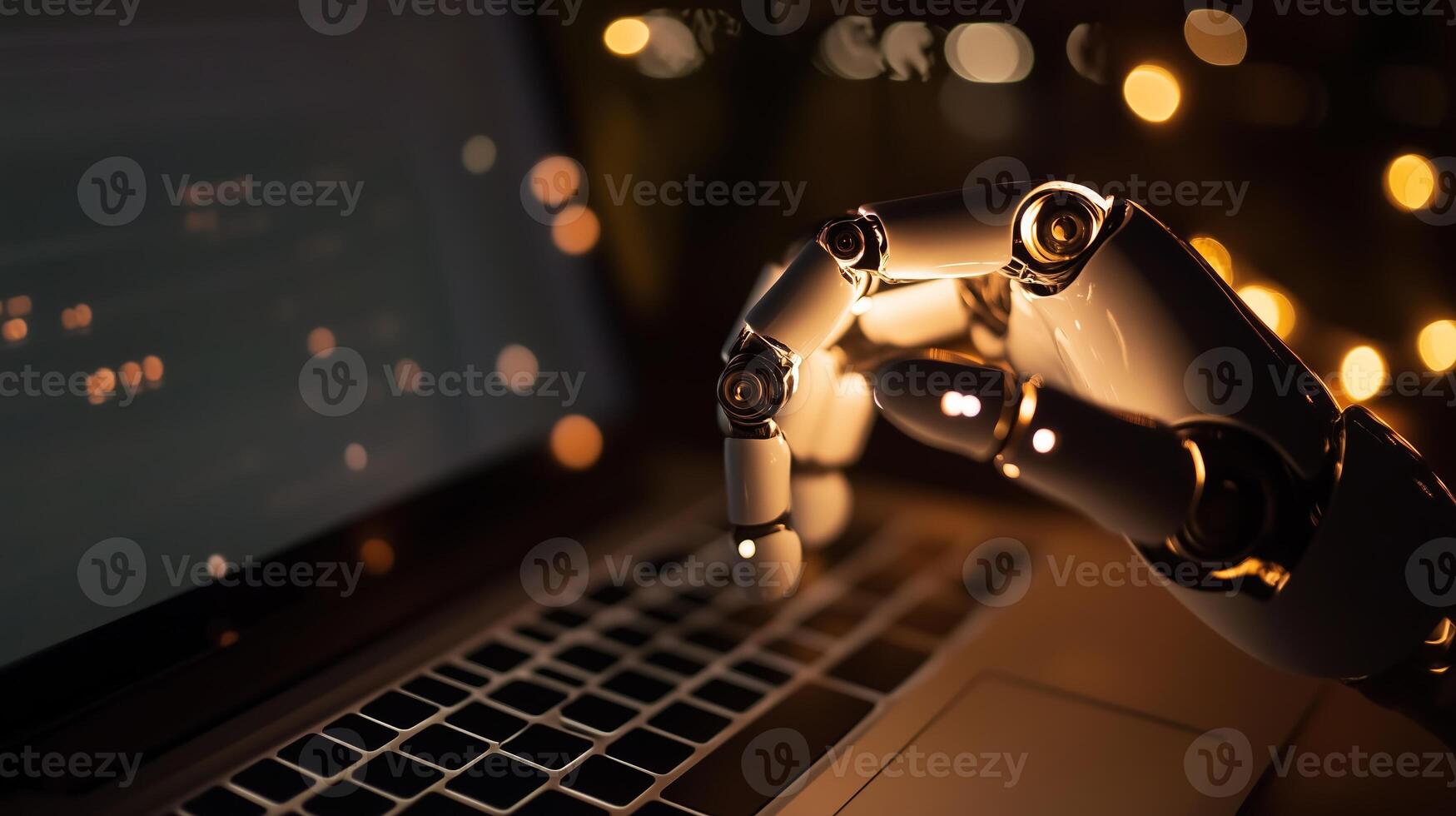 A robot hand is on a laptop computer photo