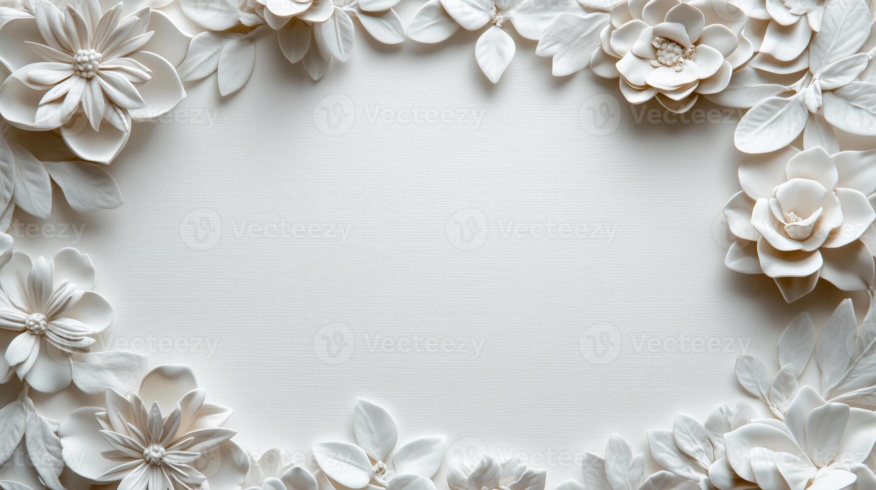 White paper flowers arranged in a circle on a white background photo