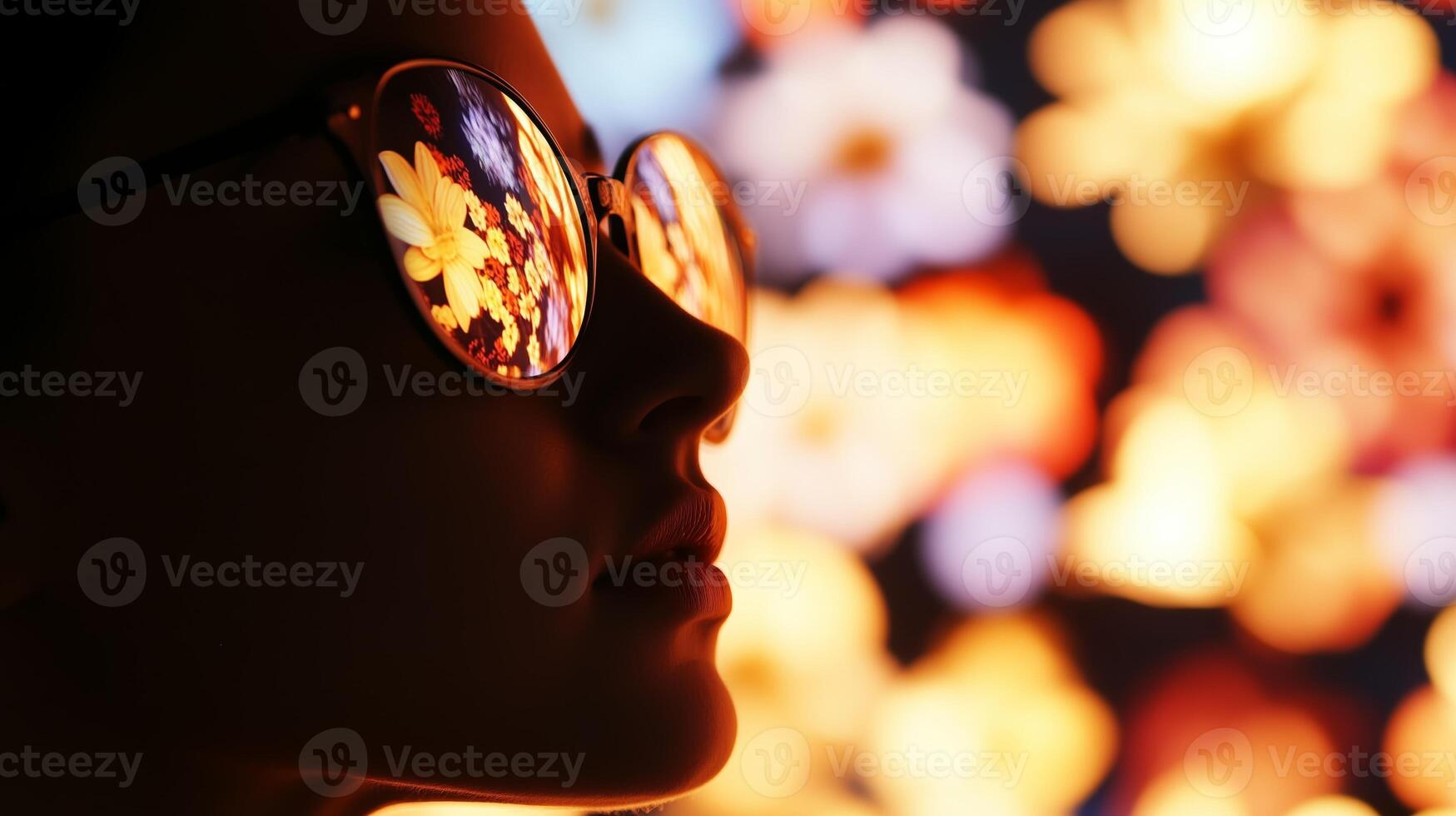 A woman wearing sunglasses and looking at a colorful background photo