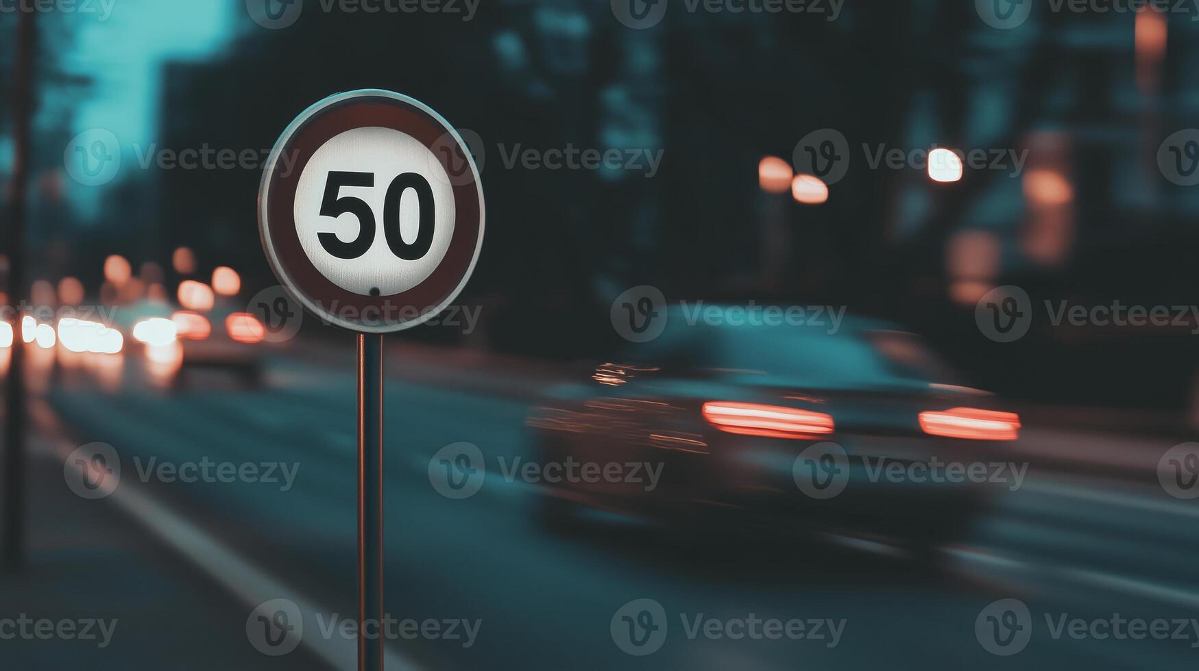 A blurry image of a speed limit sign on the road photo