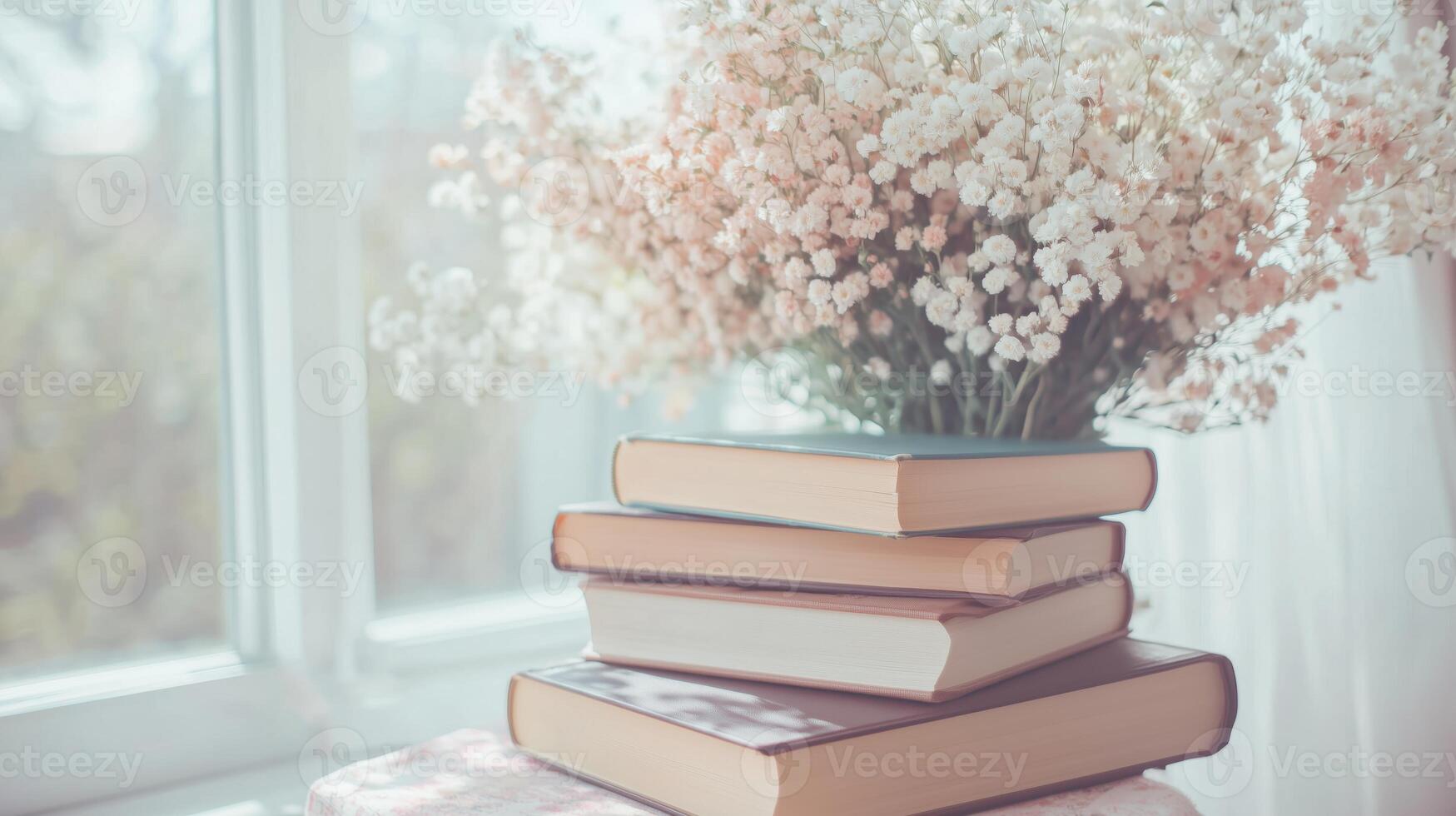 A stack of books with flowers in front of a window photo