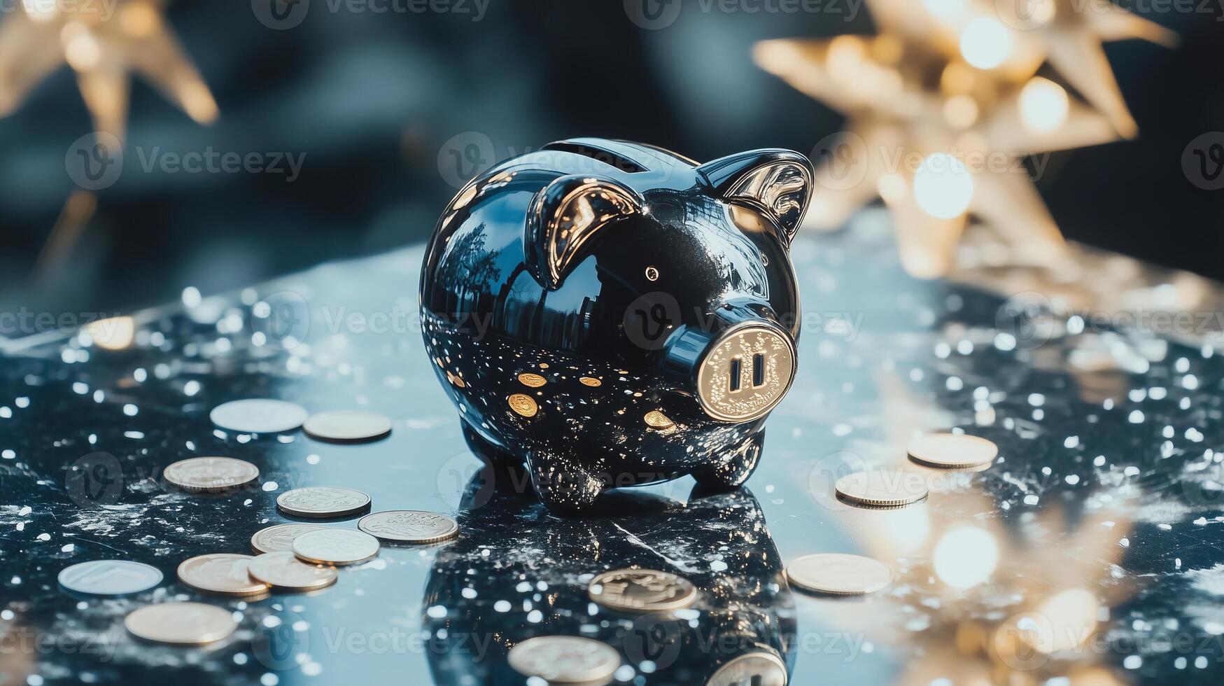 A piggy bank with coins on a table photo