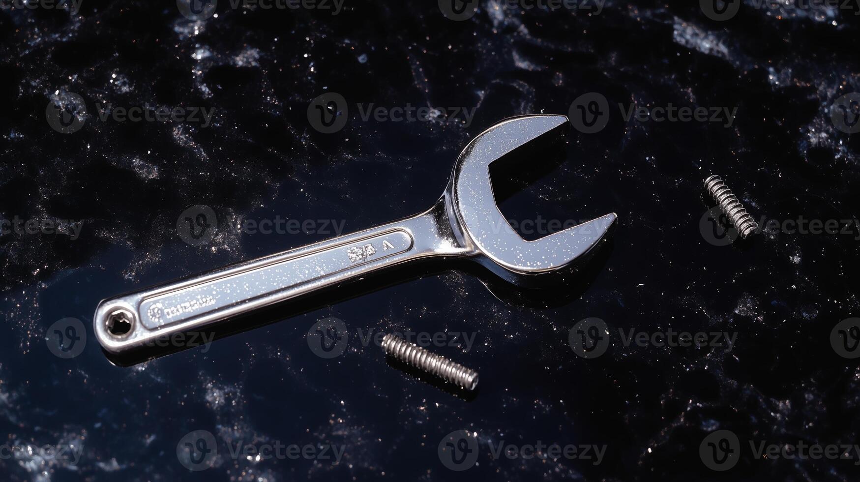 A wrench and a screwdriver laying on a black surface photo