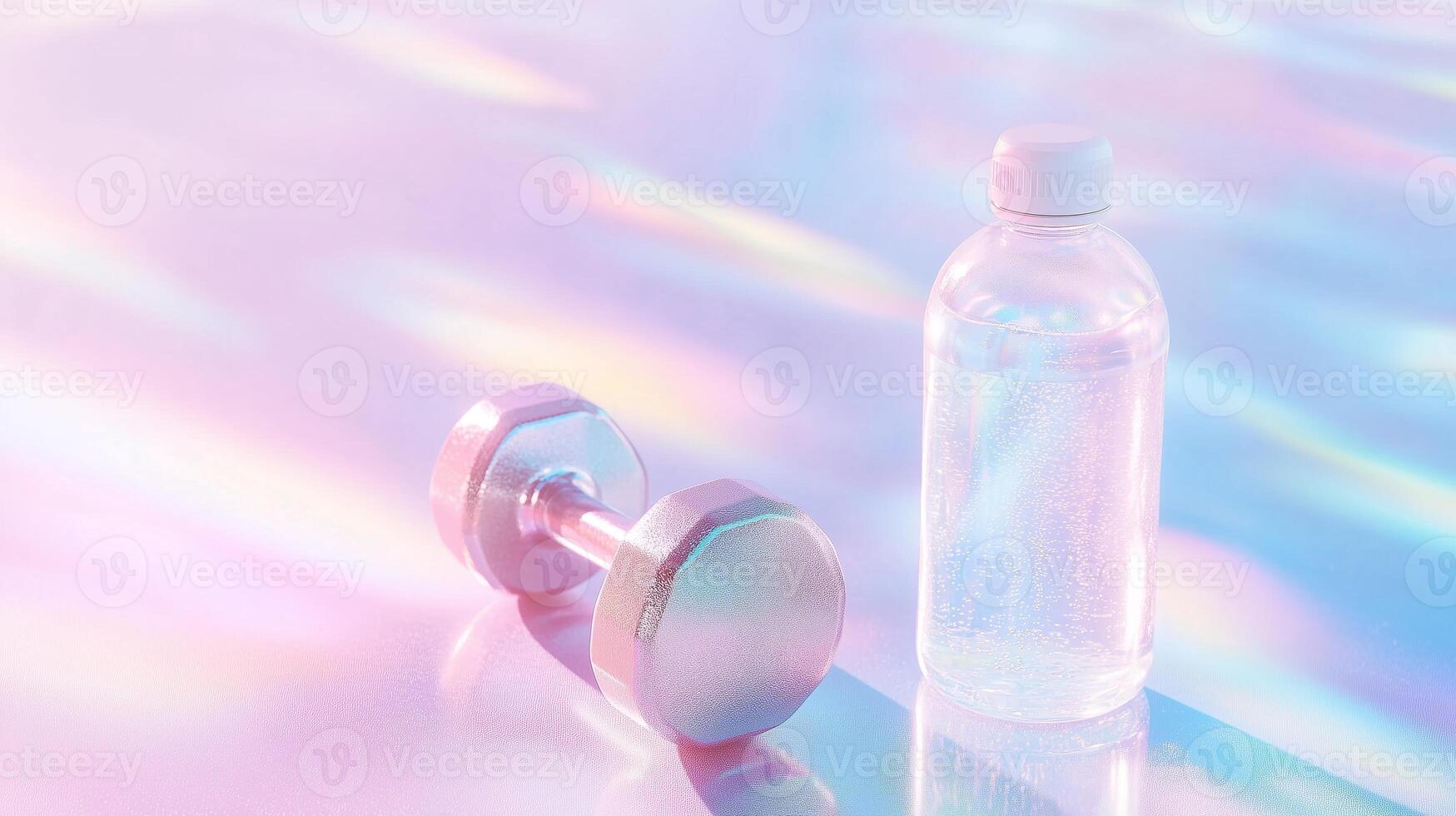 A bottle of water and a dumbbell on a shiny surface photo