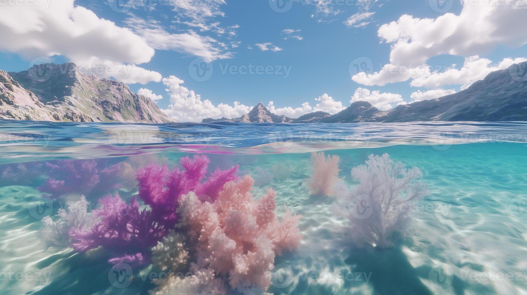 A beautiful underwater scene with pink and white coral photo