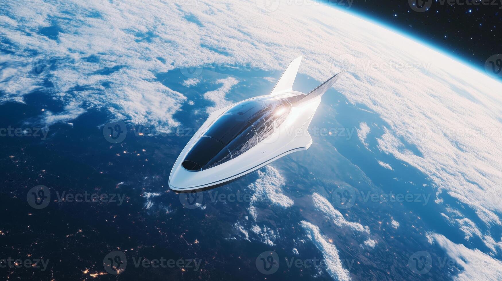 Futuristic spaceship in space above Earth. photo