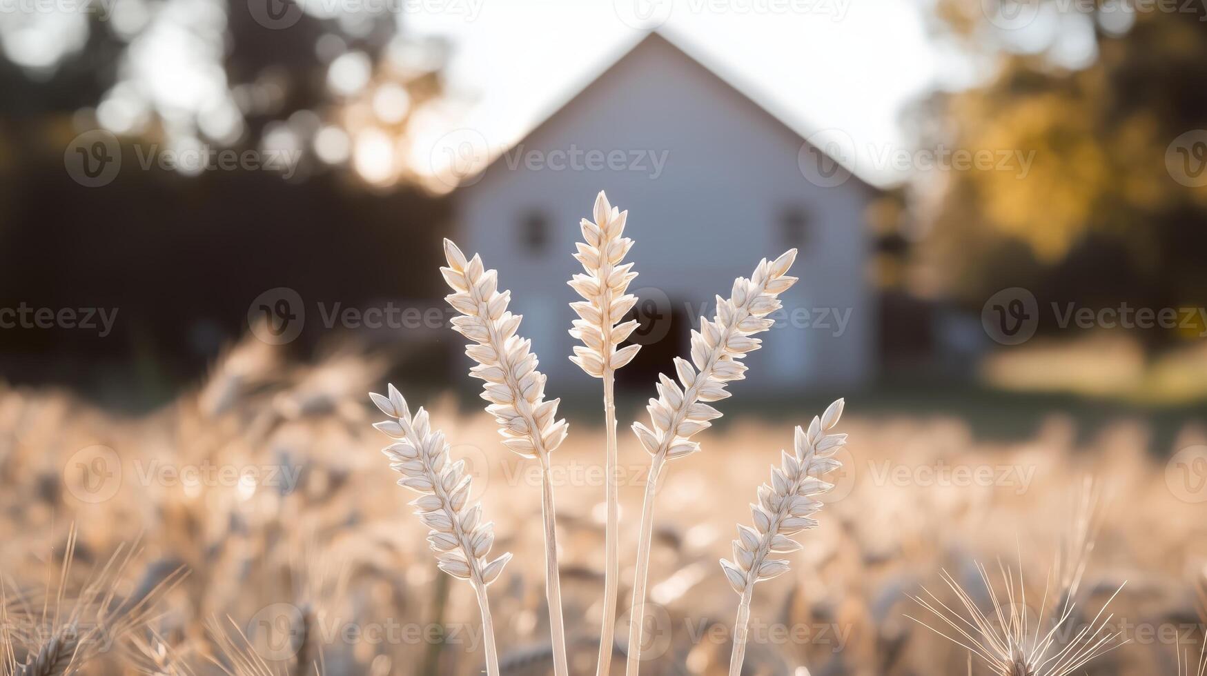 A field of wheat with a barn in the background photo