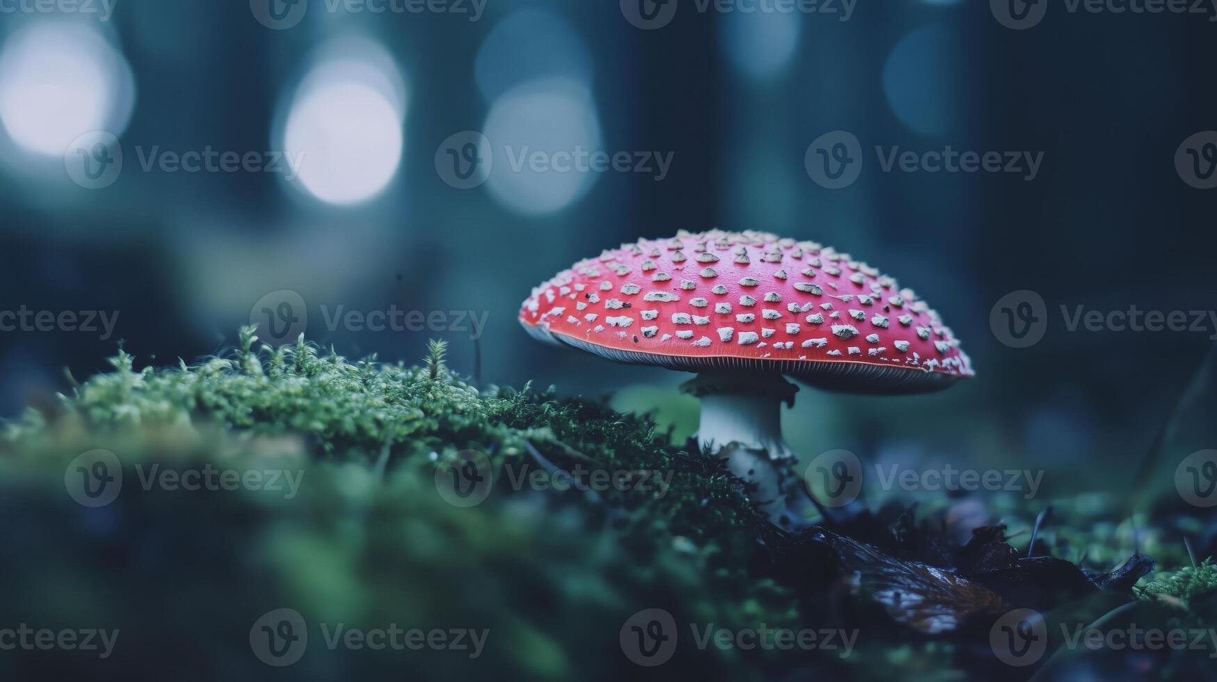 A red and white mushroom is sitting on the ground photo