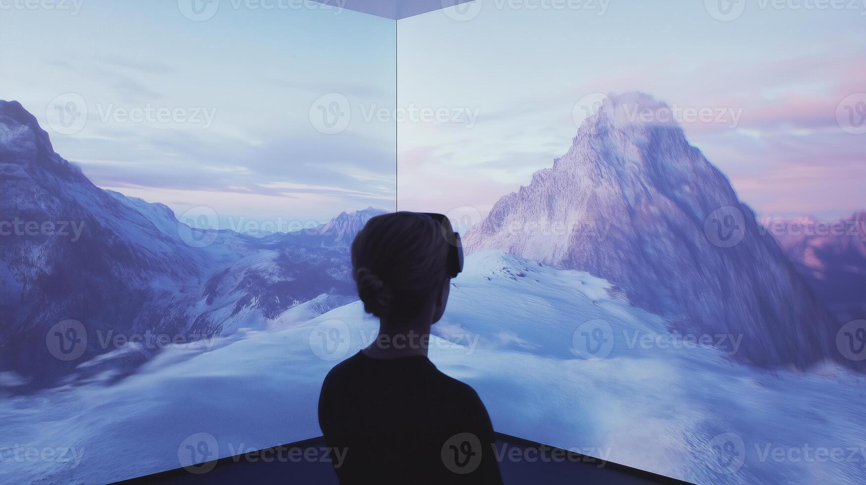 A person looking at a large screen with mountains photo