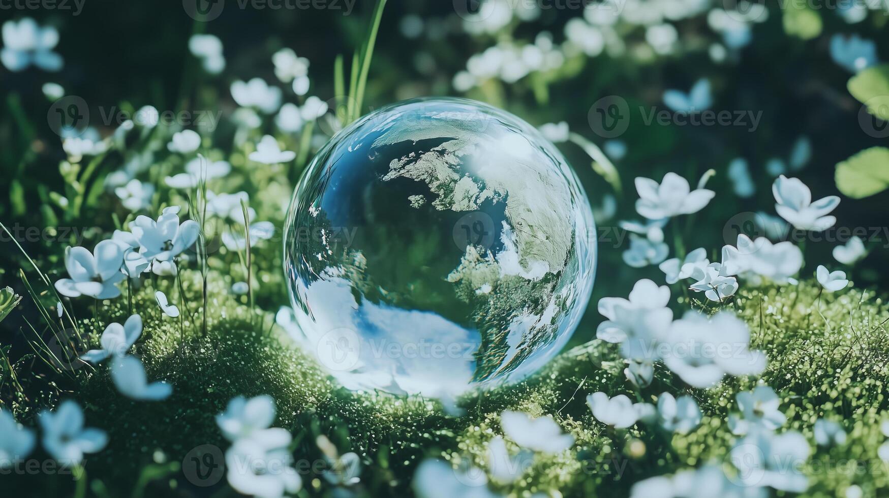 A glass globe sitting in a field of white flowers photo