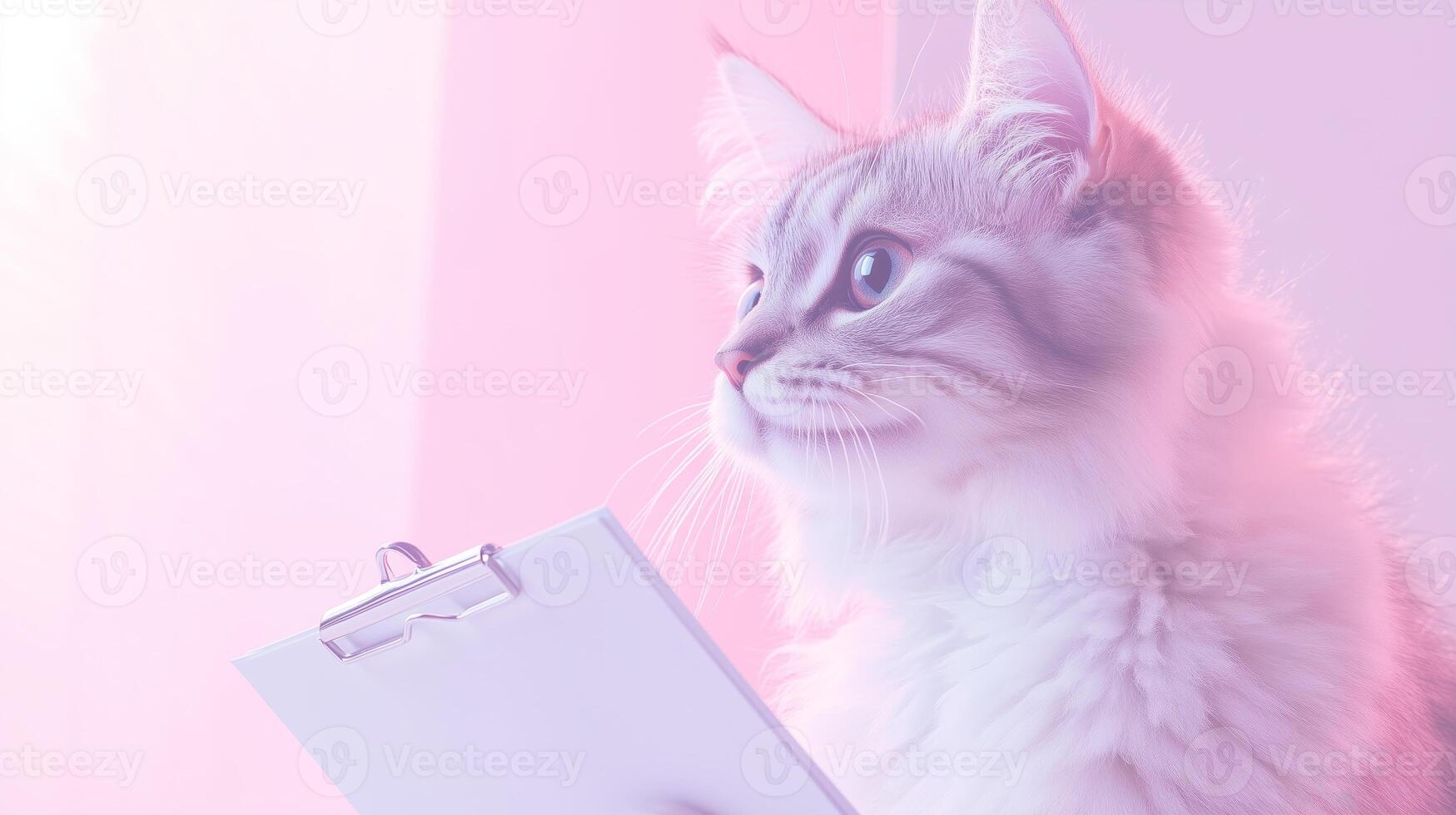 A cat sitting on a clipboard with a pink background photo