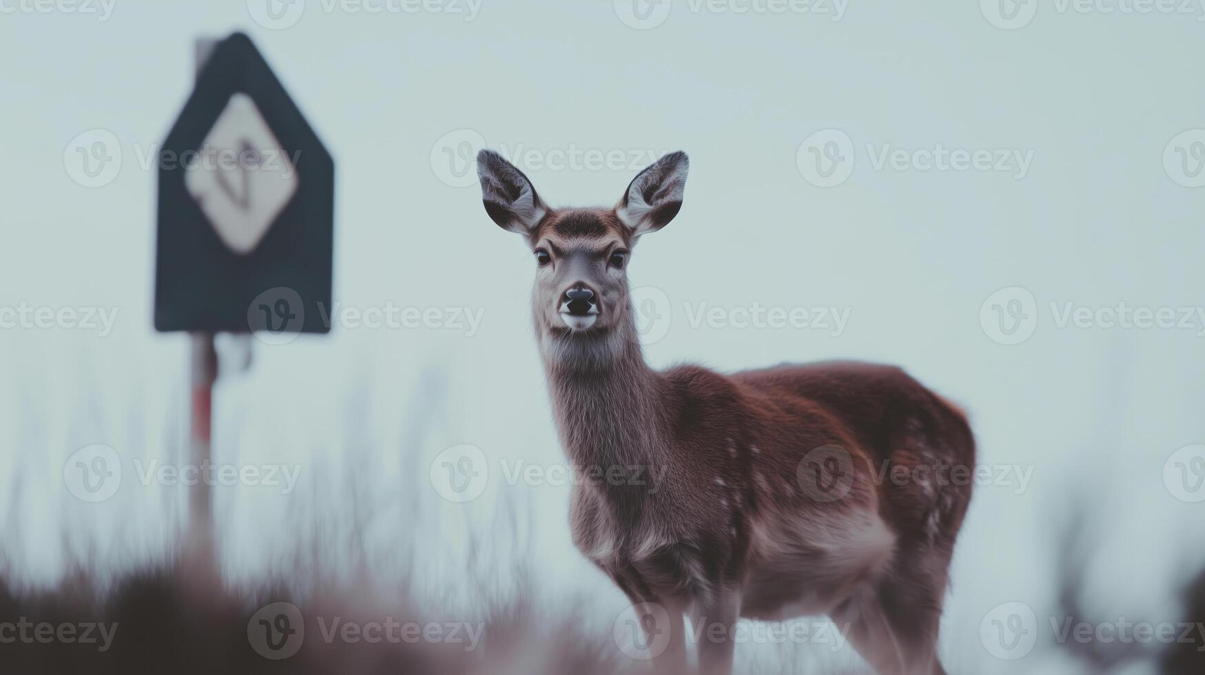 A deer standing in front of a sign photo