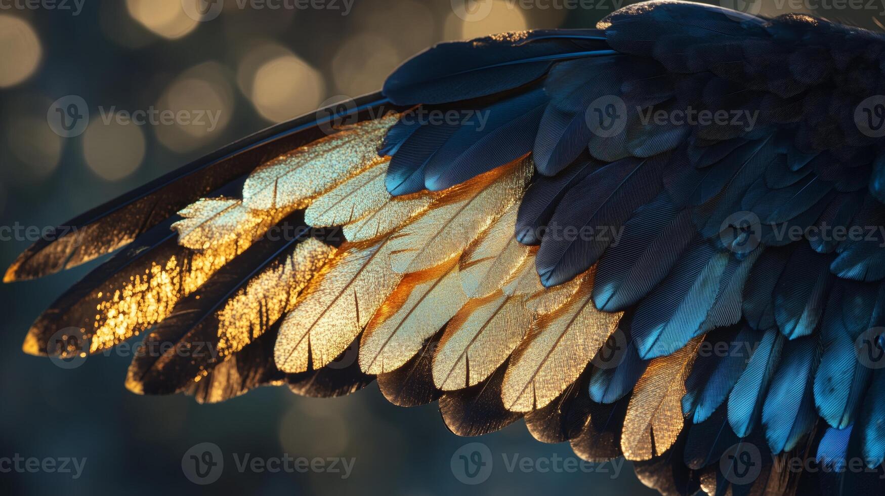 A close up of a bird's wings with gold and black feathers photo
