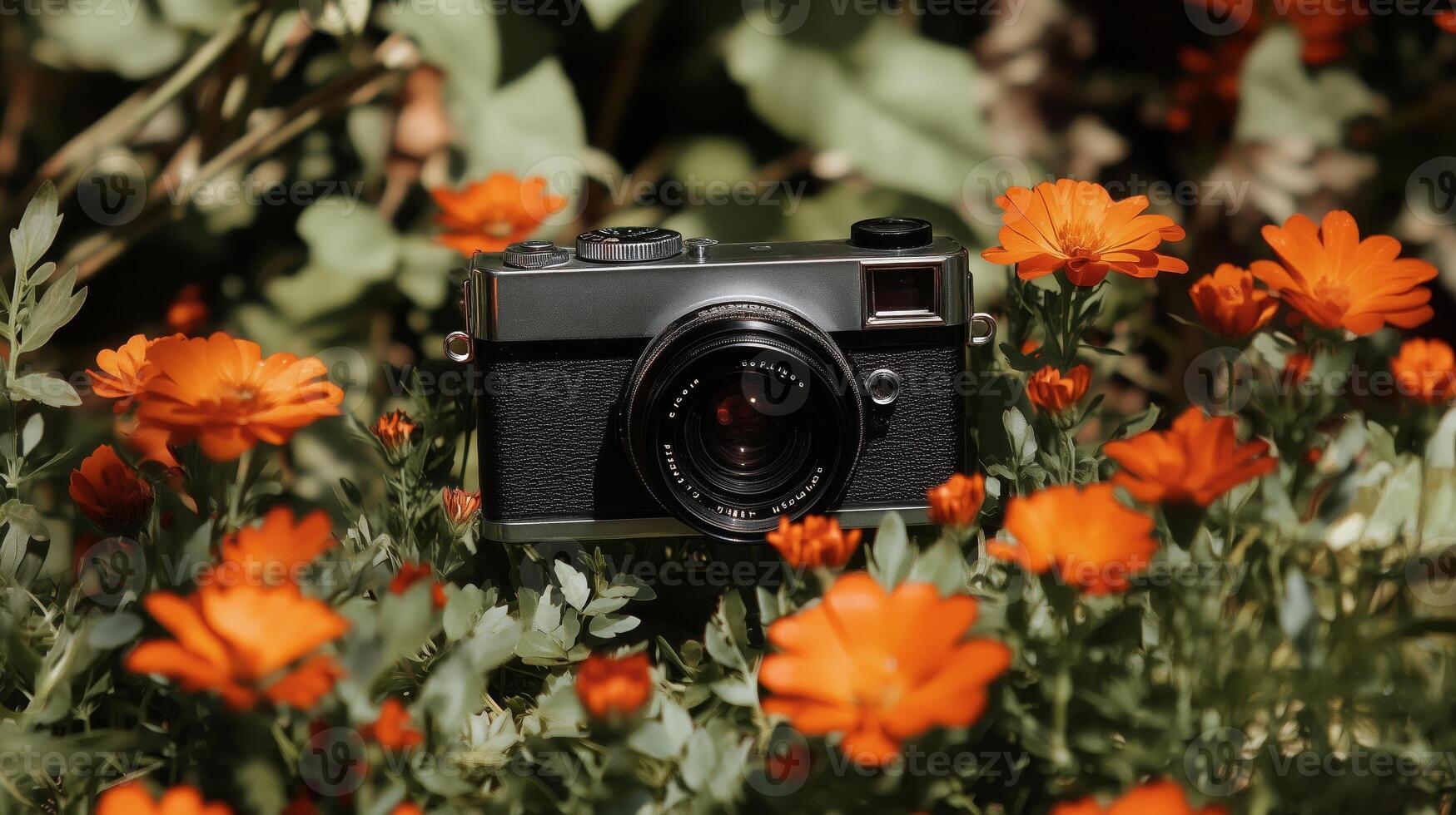 Vintage camera in garden setting with vibrant orange flowers photo