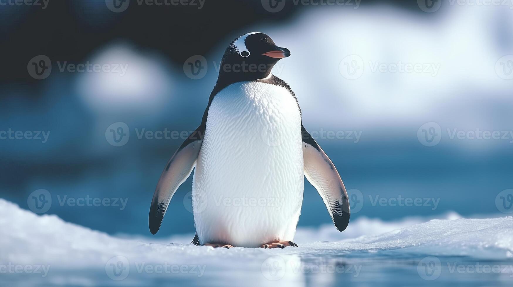A penguin standing on the ice with a blue background photo