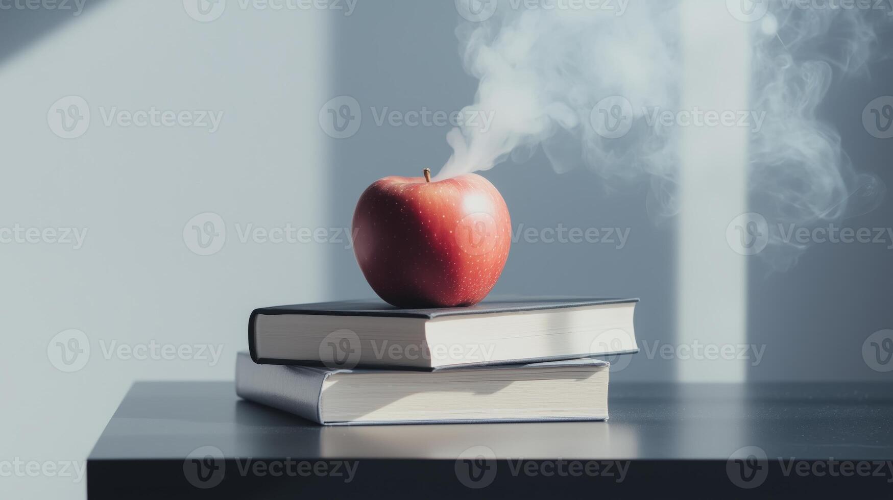 An apple sitting on top of two books with smoke coming out of it photo