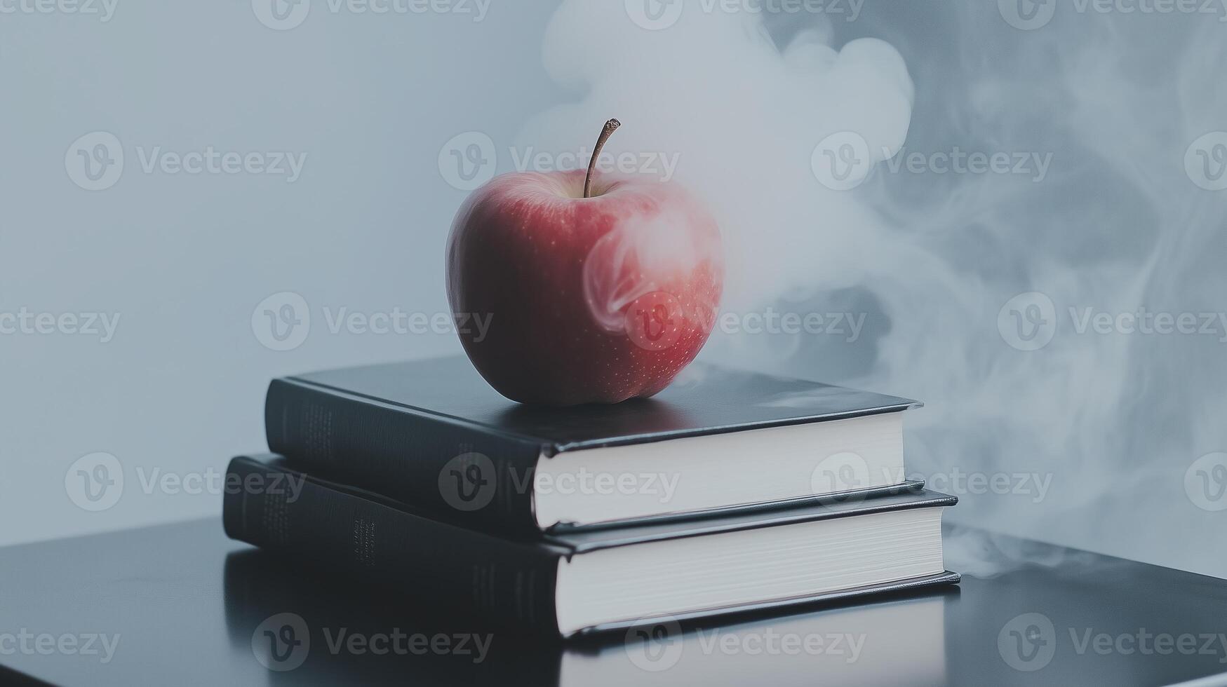An apple sitting on top of two books with smoke coming out of it. photo