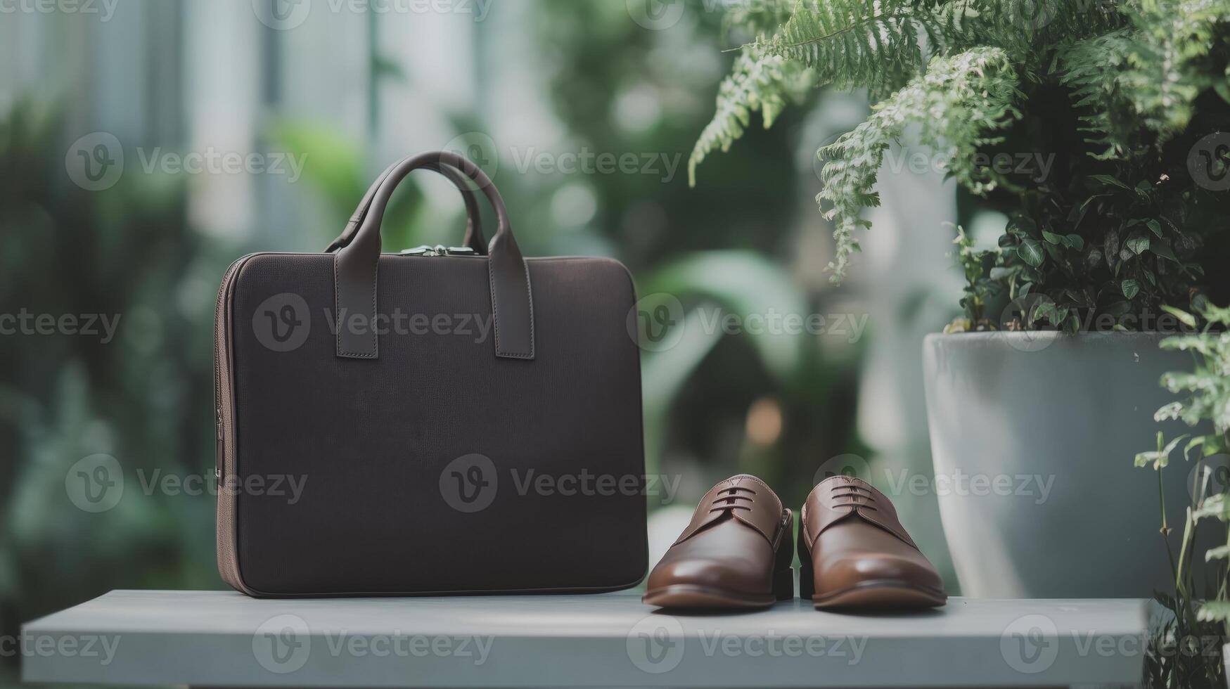 A modern work bag placed beside a stylish pair photo