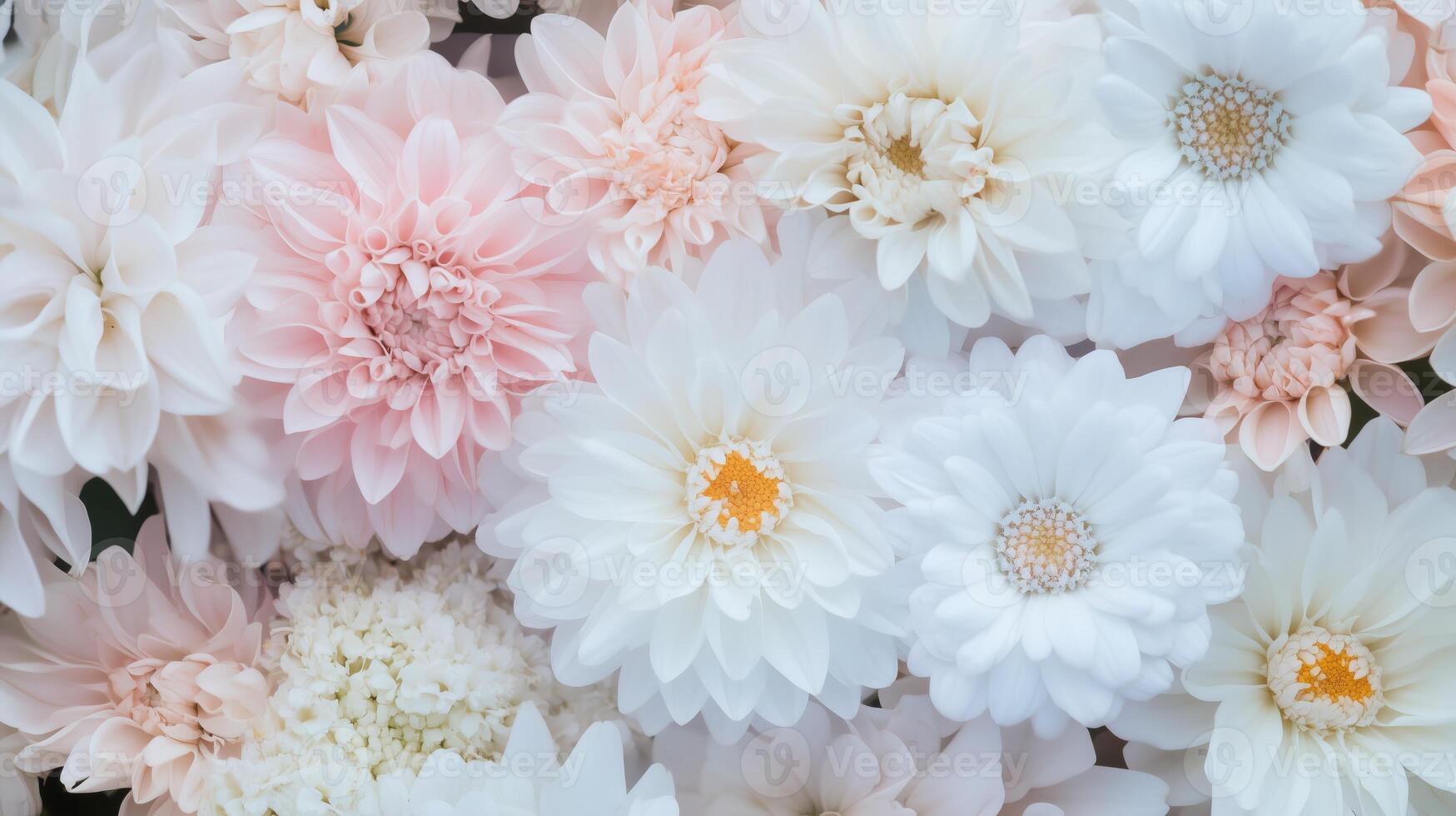 A bunch of white and pink flowers are arranged in a circle photo