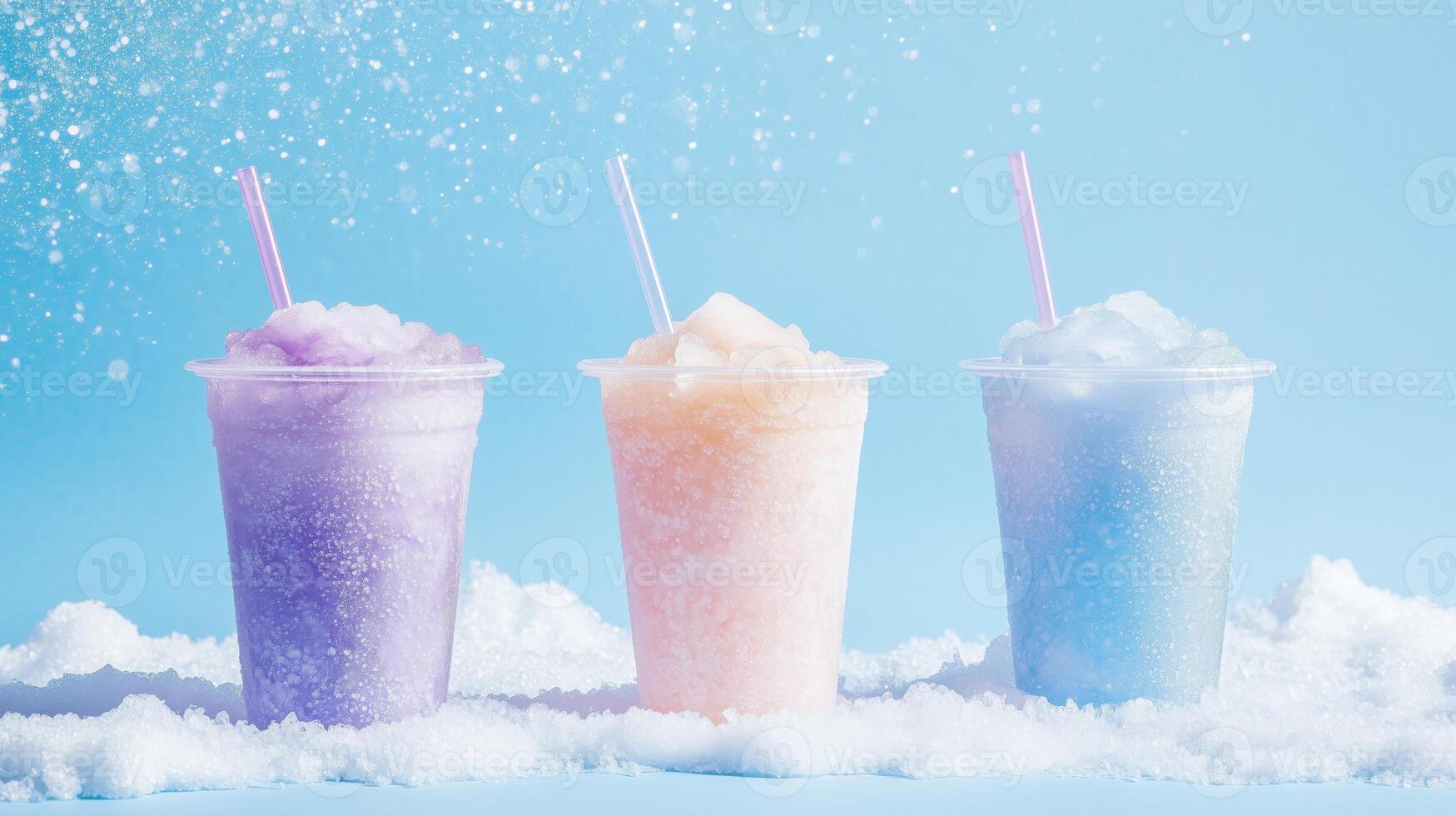 Three different colored smoothies in plastic cups on a blue background photo