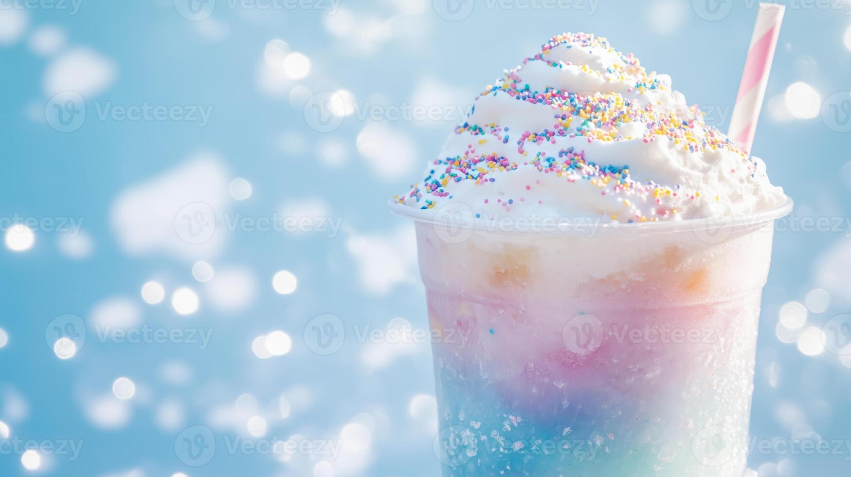 A colorful milkshake with sprinkles and a straw photo