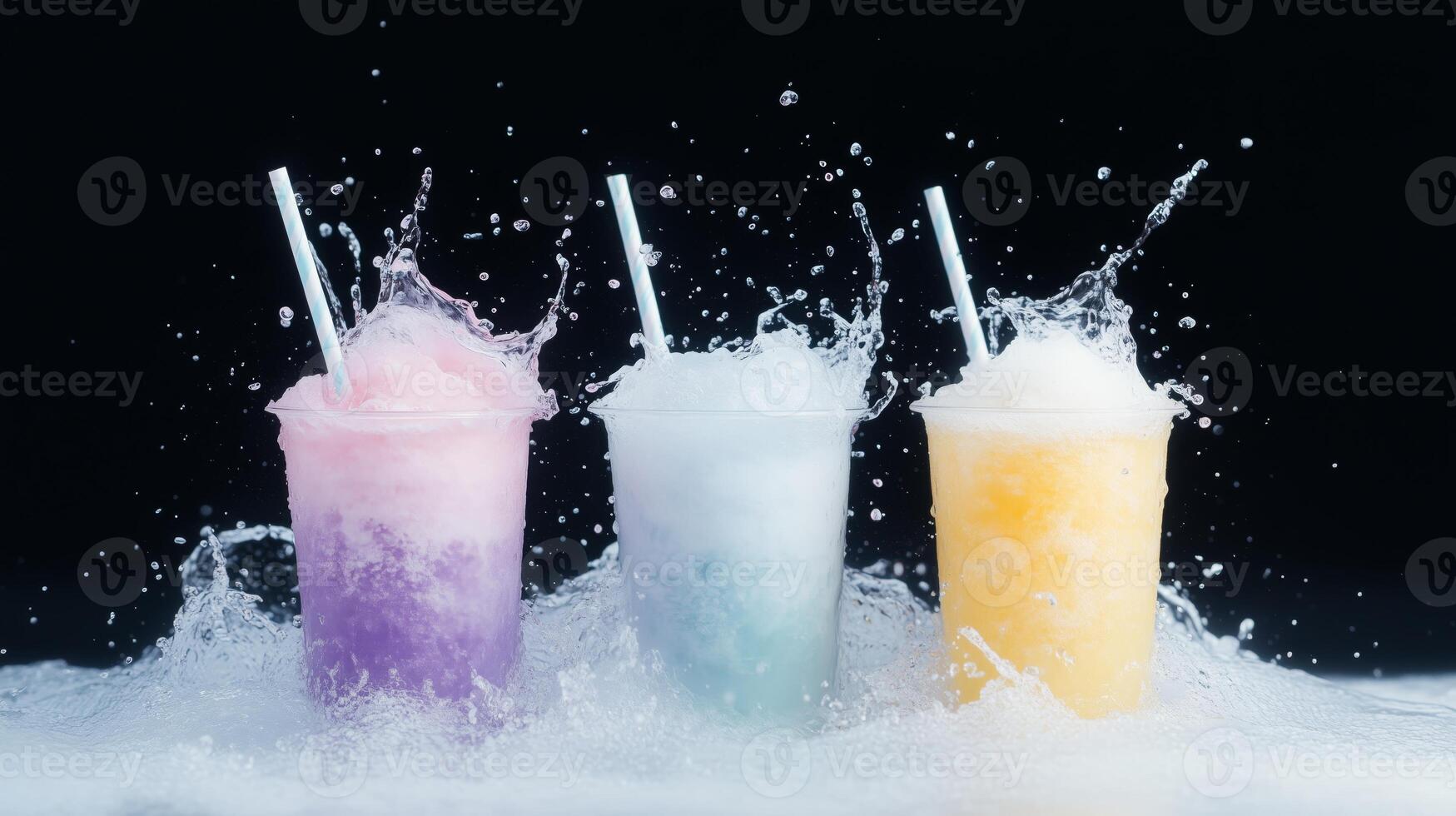 Colorful slushie drinks with straws splashing in water photo