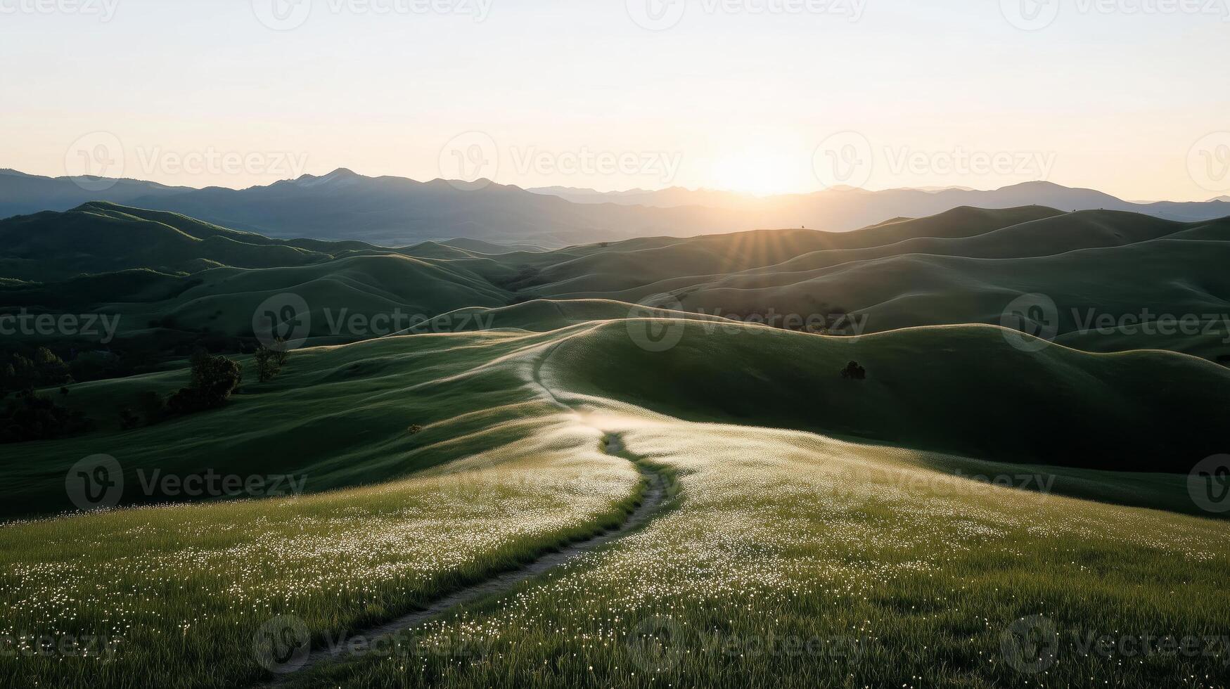 A path leads to the sun in the middle of a green field photo