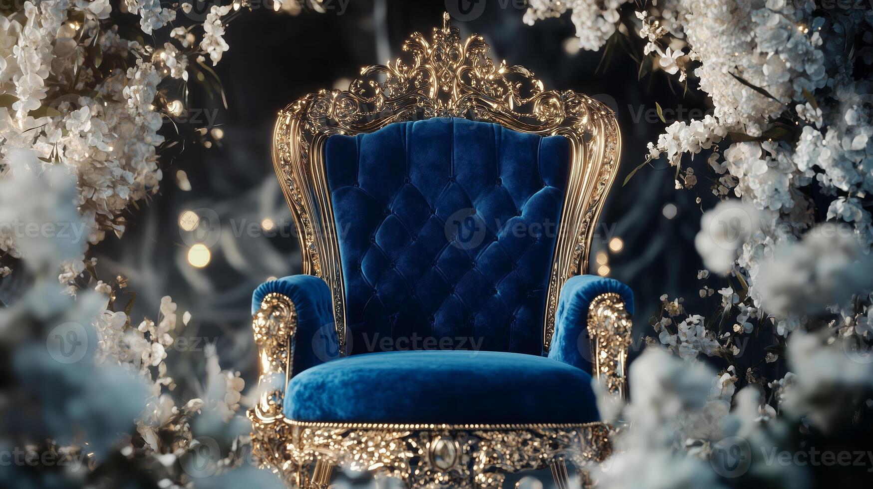 A blue velvet chair in front of a tree photo