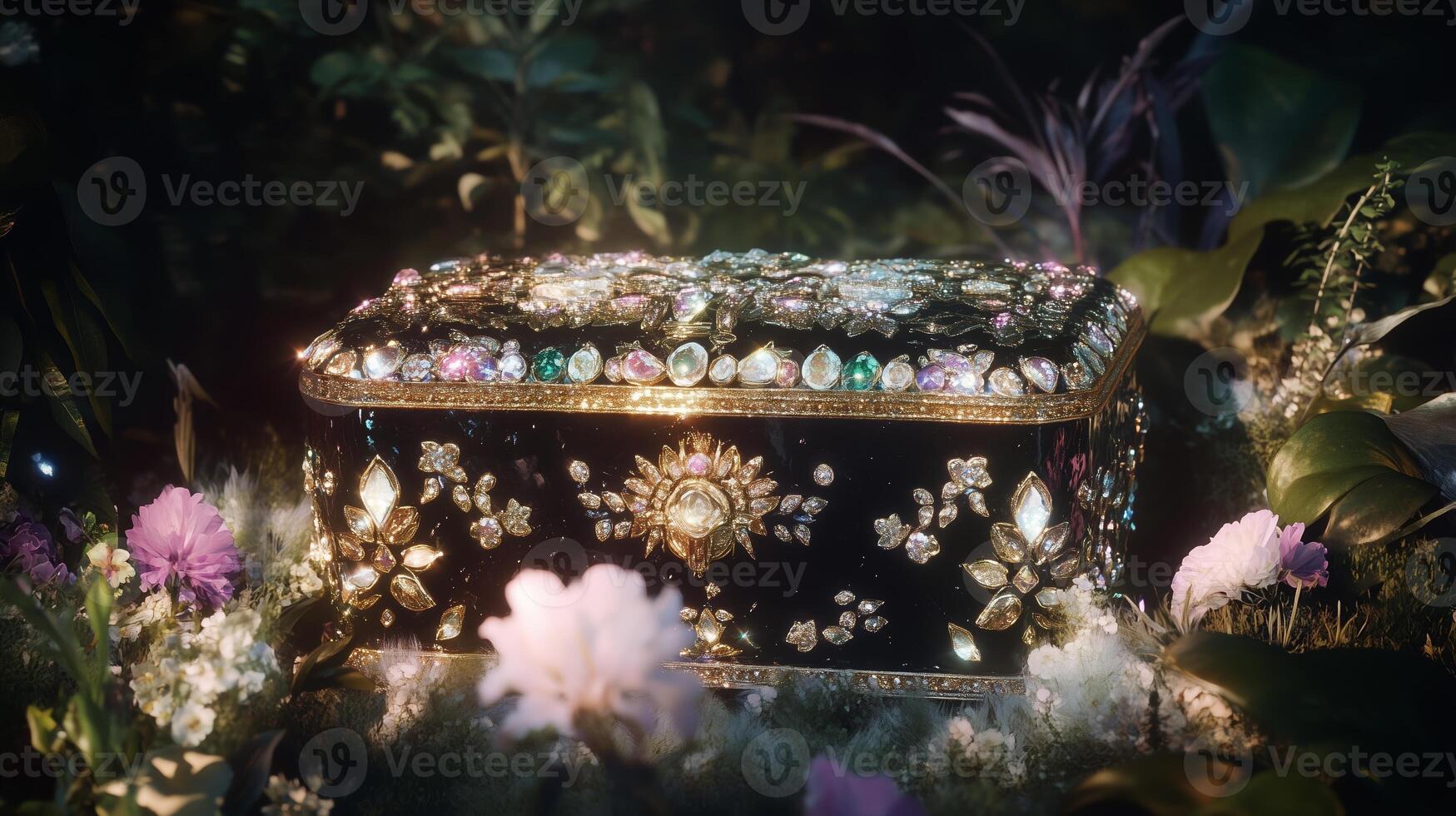A black box with jewels on it in the grass photo