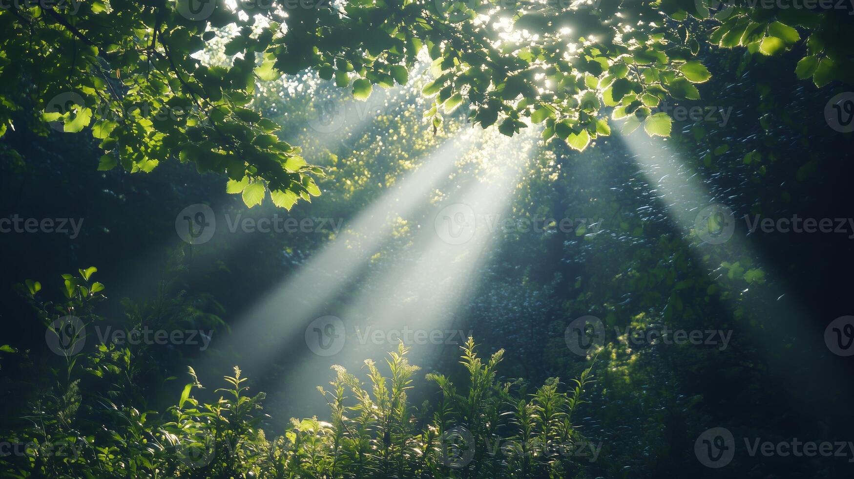 Sunbeams shining through trees and plants in the forest photo