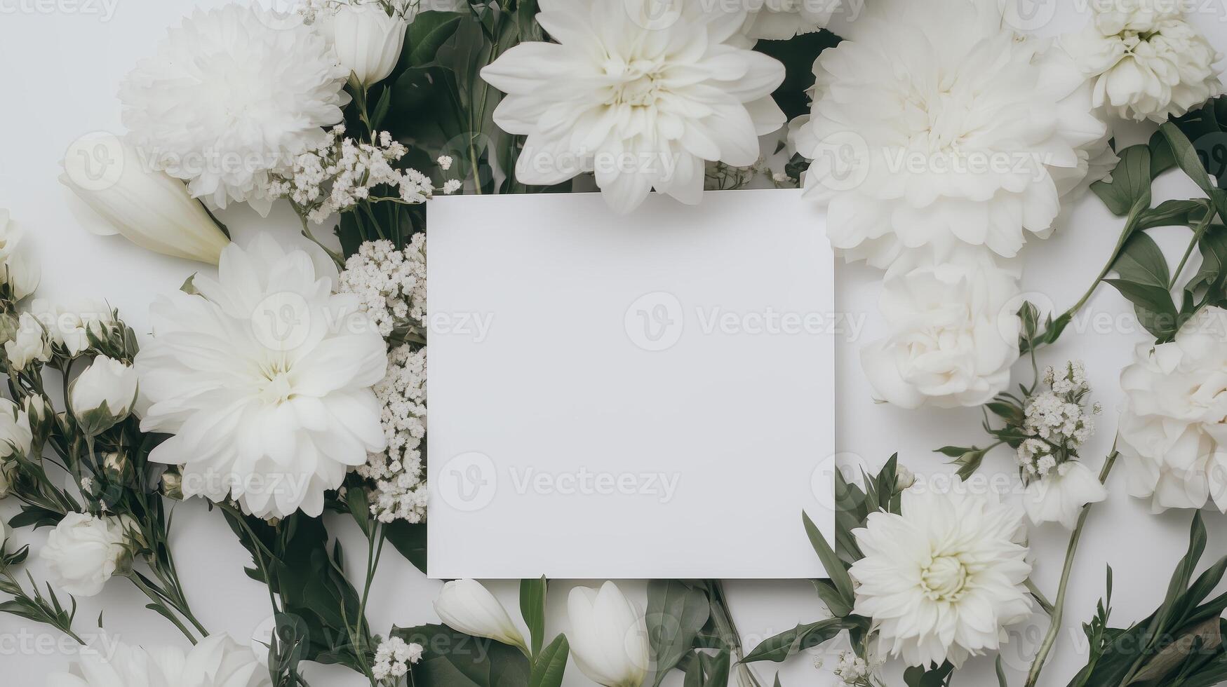 White flowers and a blank note on a white background photo