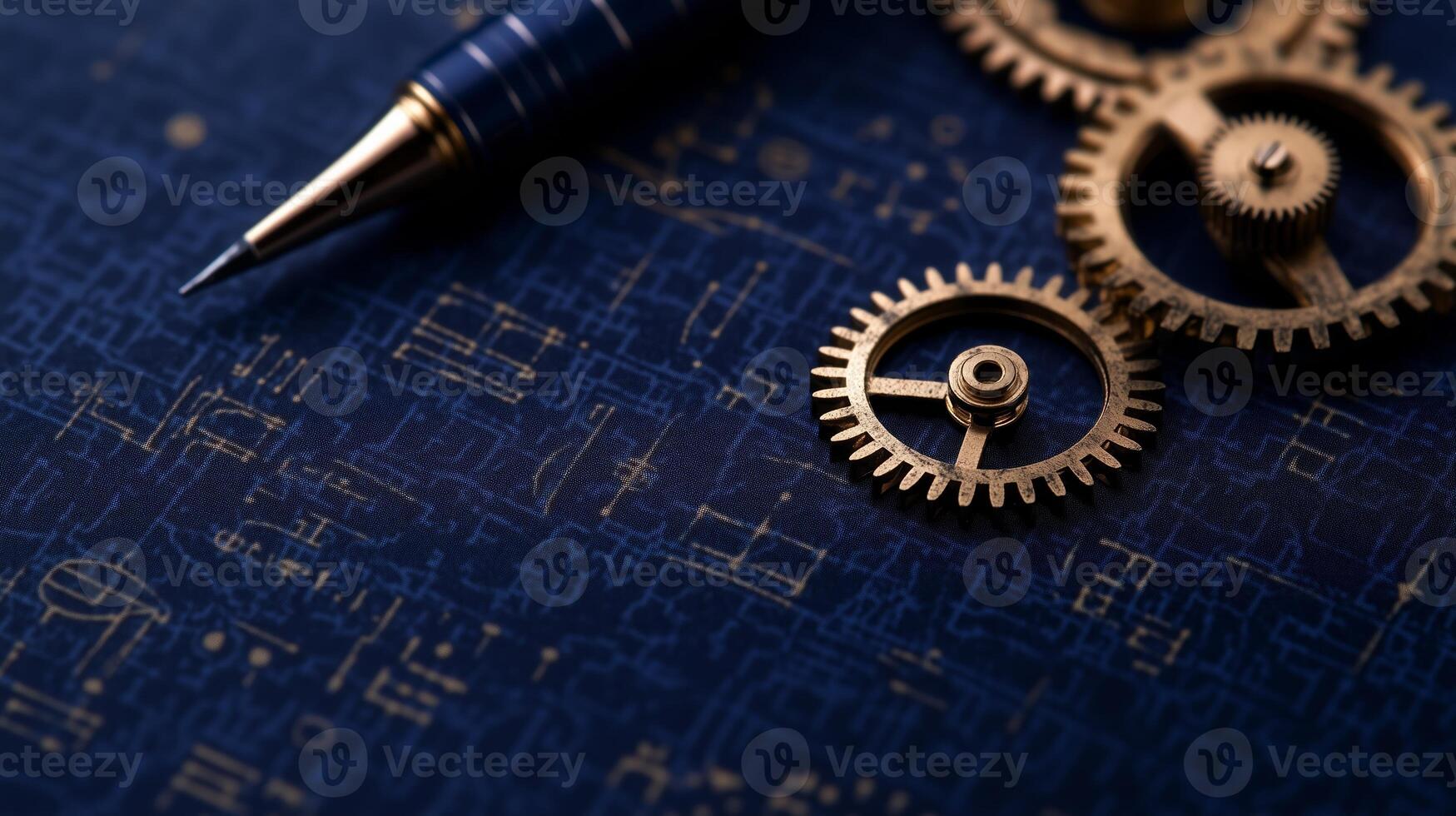 A pen and gears on a blue background photo