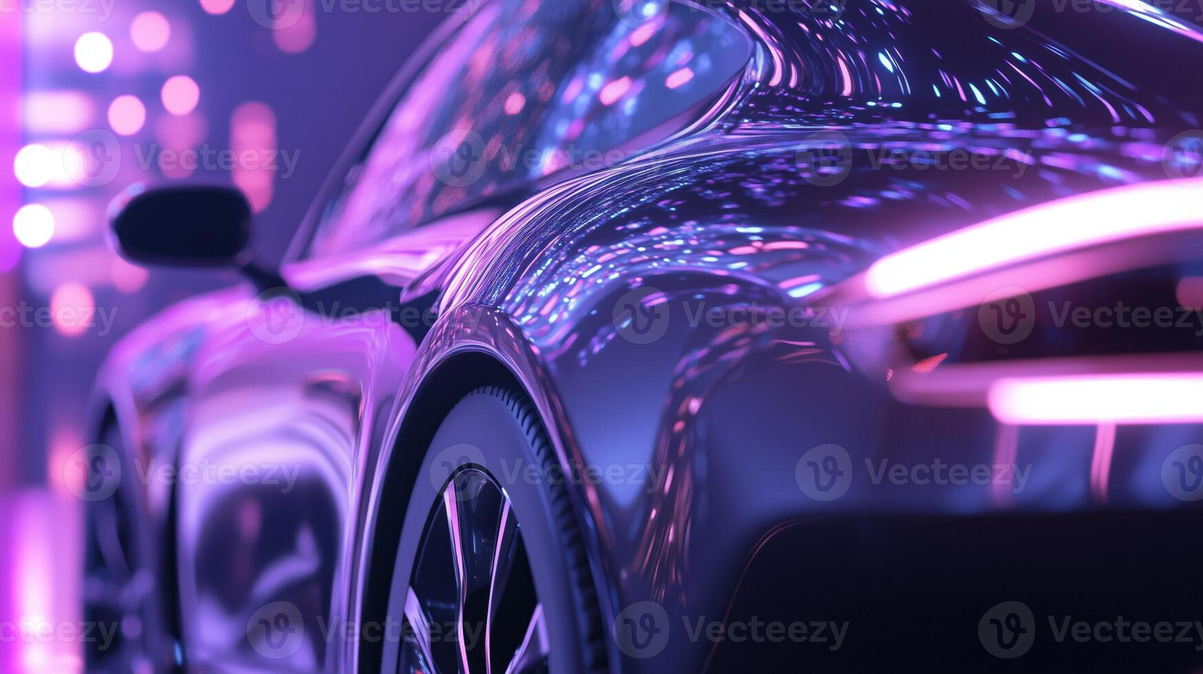 A car is shown in front of a purple light photo