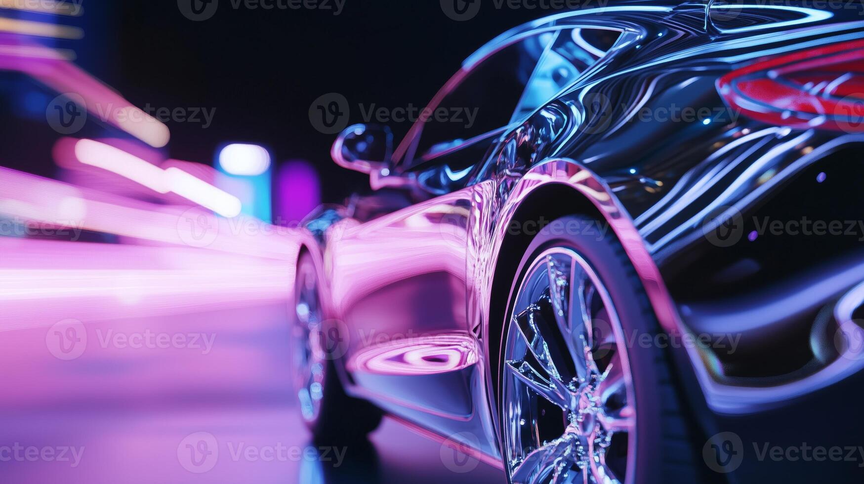 A car is shown in the foreground with neon lights photo