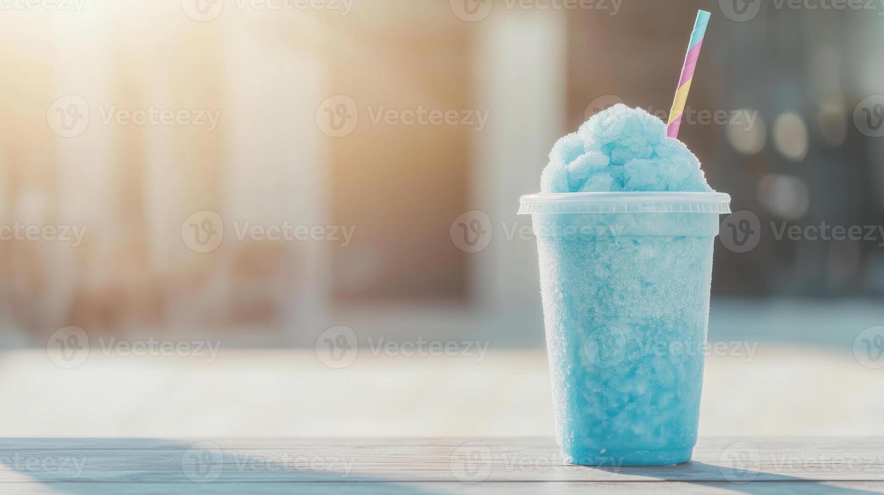 A blue smoothie with a straw sitting on a table photo