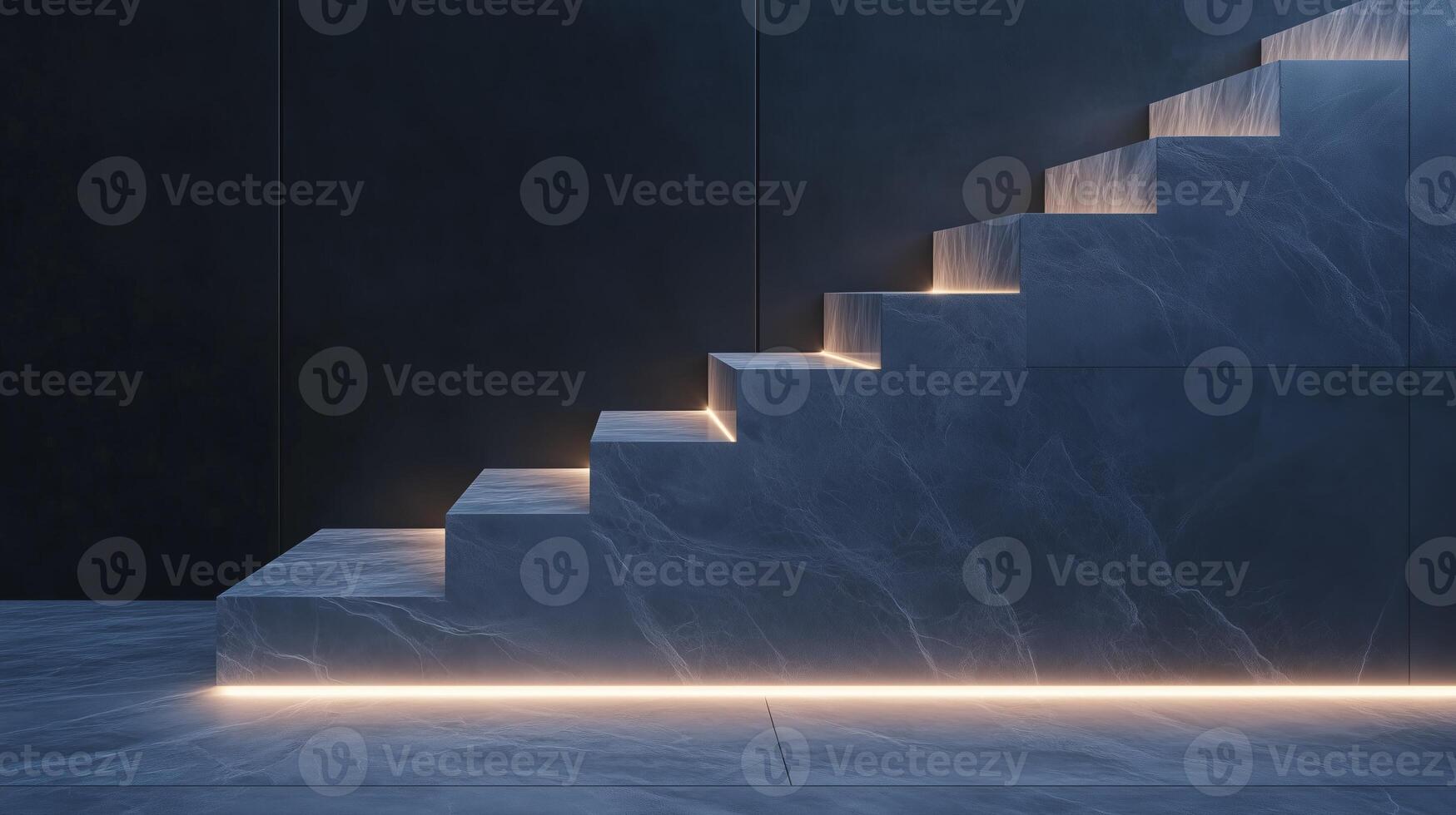 Illuminated staircase with glowing light led strip under steps photo