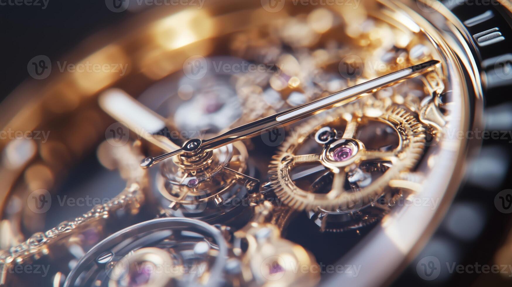 Intricate watch mechanism with golden gears and cogs photo