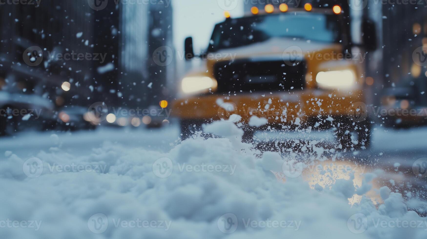 A snow plow driving down a city street photo