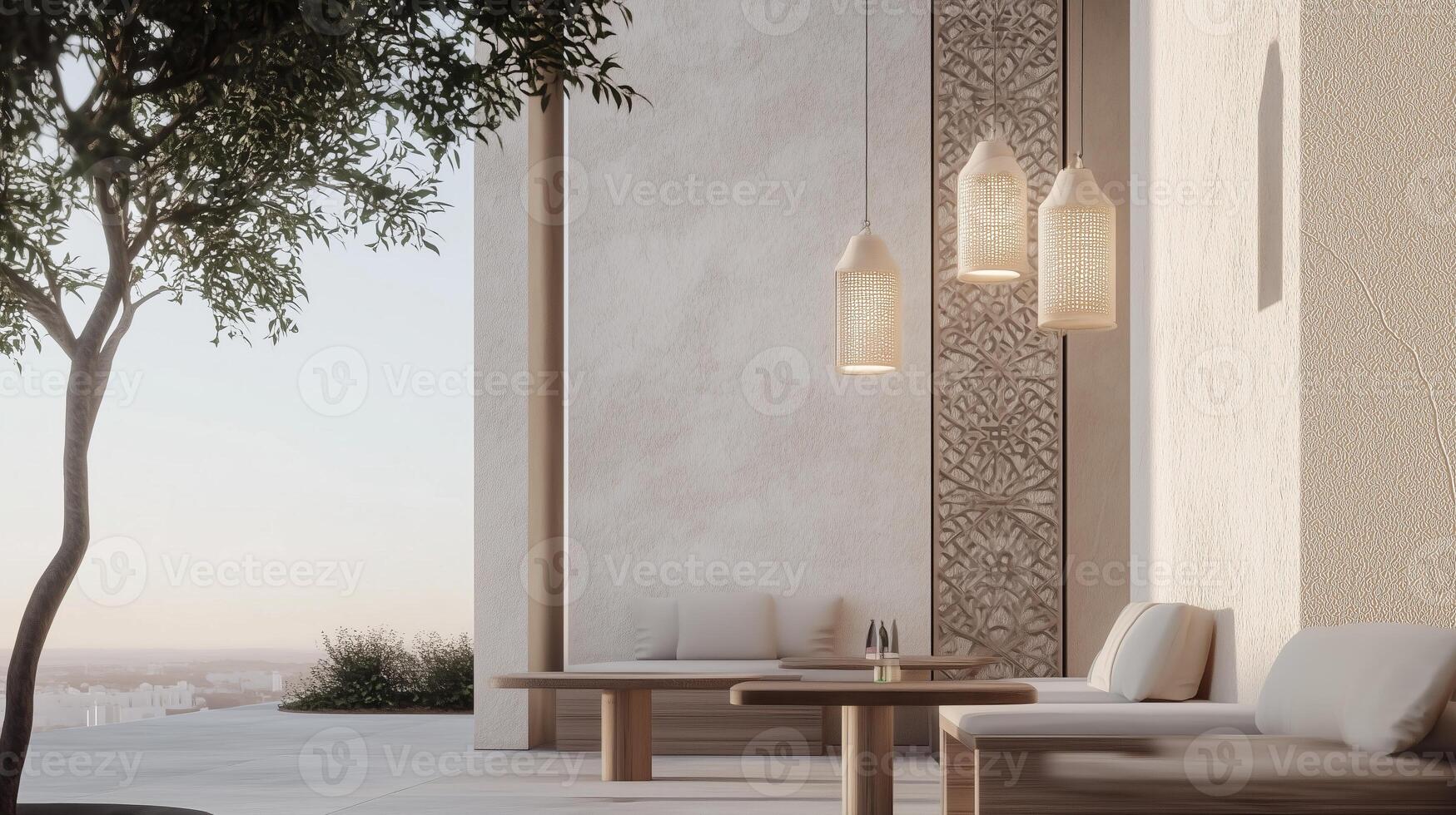 A modern cafe design featuring walls made of textured stone photo